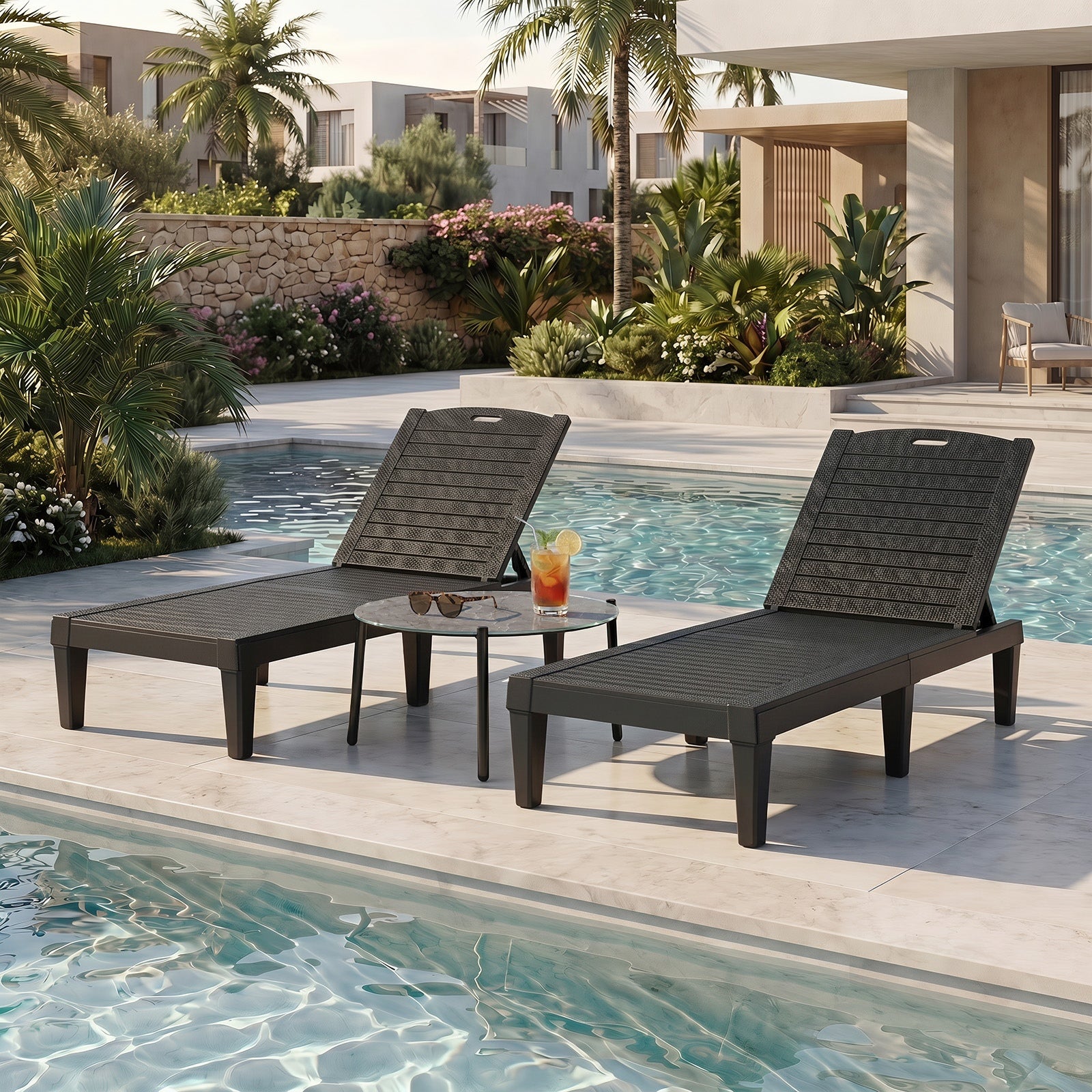 Livsip 3PCS Sun Lounge Set Outdoor Lounger Chair and Table Patio Furniture Black