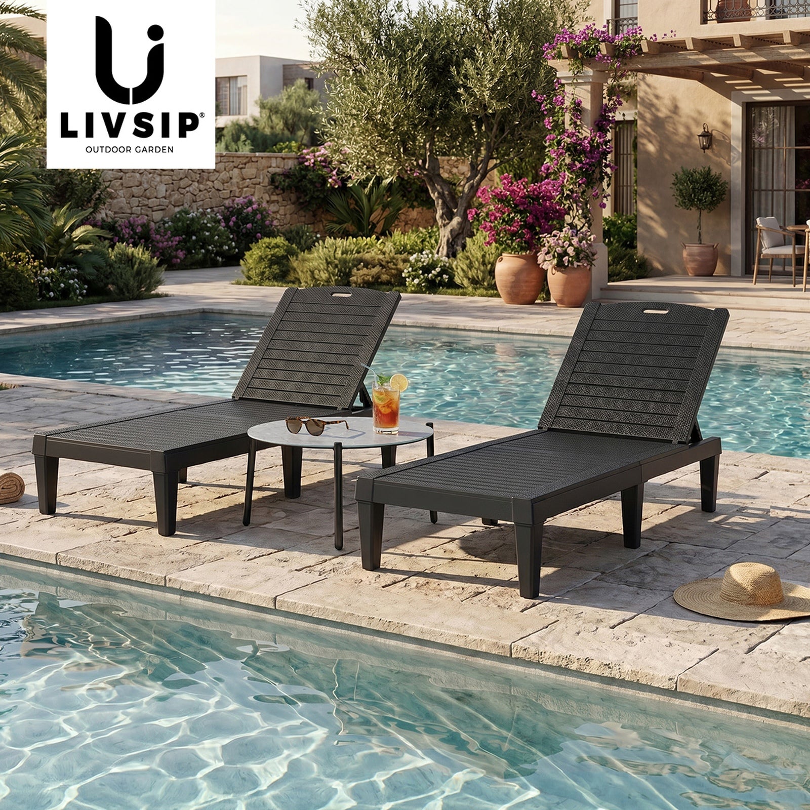 Livsip 3PCS Sun Lounge Set Outdoor Lounger Chair and Table Patio Furniture Black