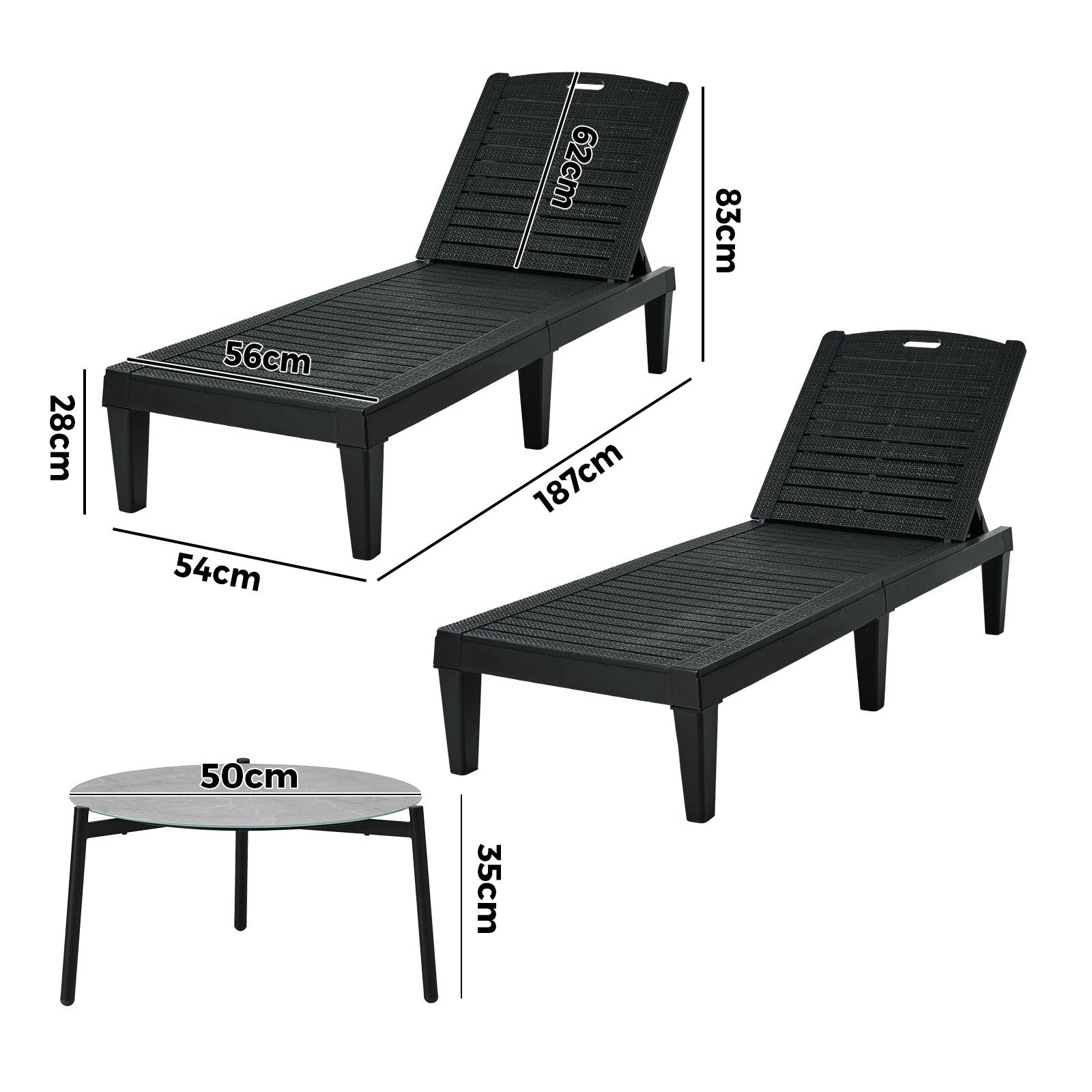 Livsip 3PCS Sun Lounge Set Outdoor Lounger Chair and Table Patio Furniture Black