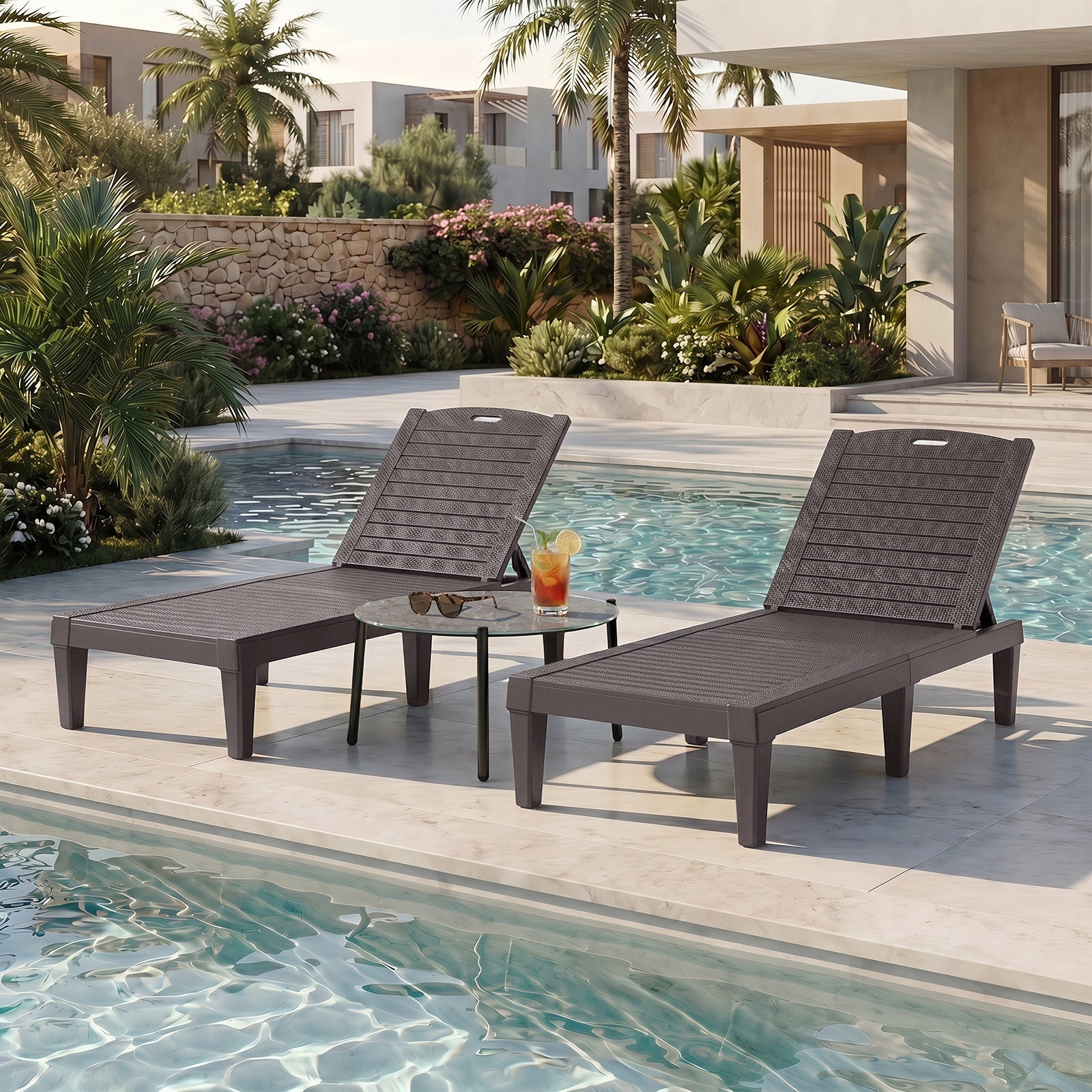 Livsip 3PCS Sun Lounge Set Outdoor Lounger Chair and Table Patio Furniture Brown
