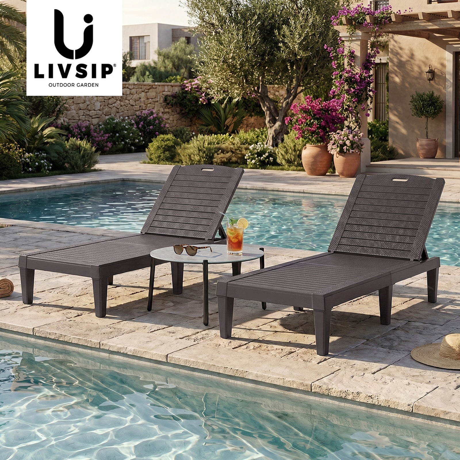 Livsip 3PCS Sun Lounge Set Outdoor Lounger Chair and Table Patio Furniture Brown