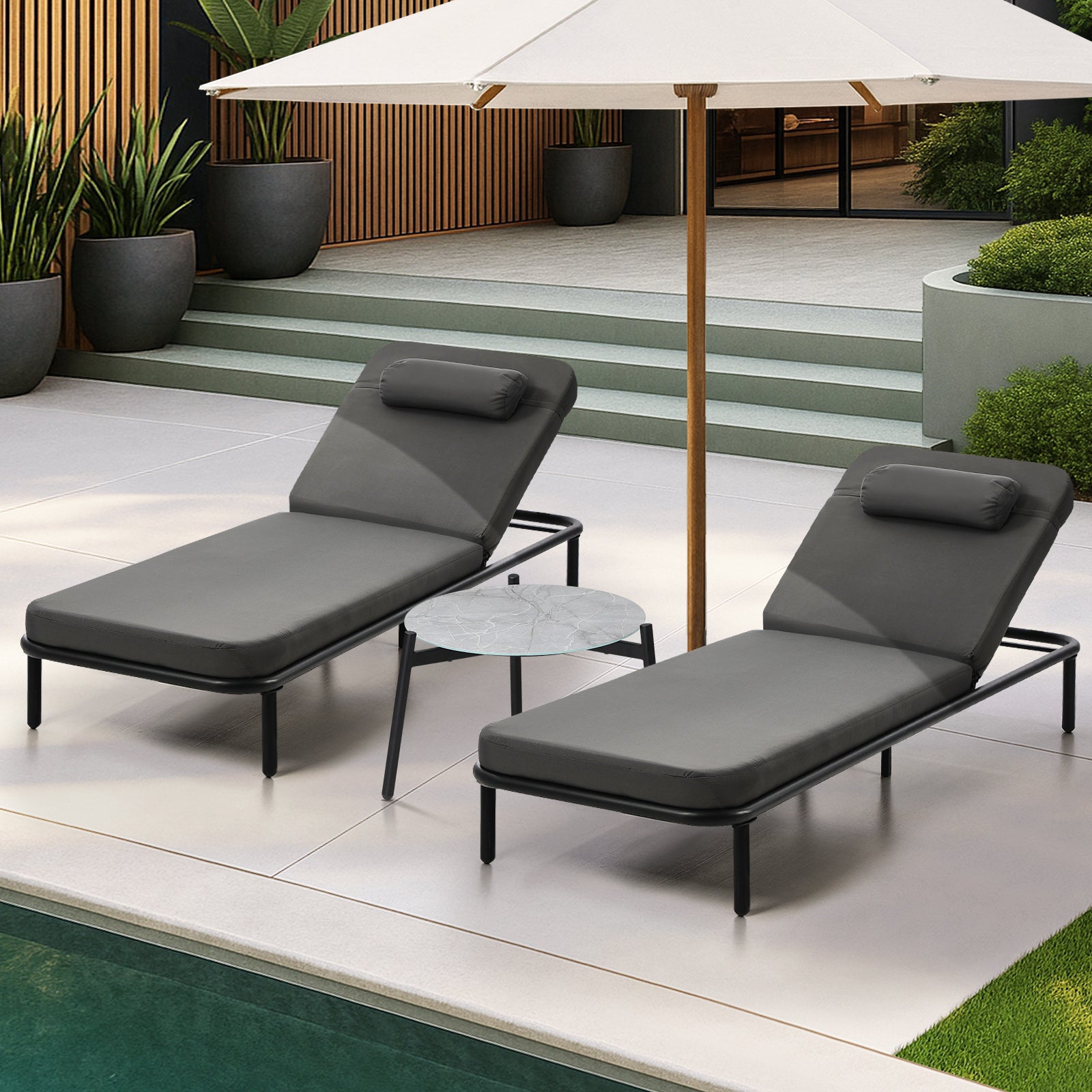 Livsip 3PCS Sun Lounge Outdoor Lounger Set Table Chairs Patio Furniture Grey - Sunyee