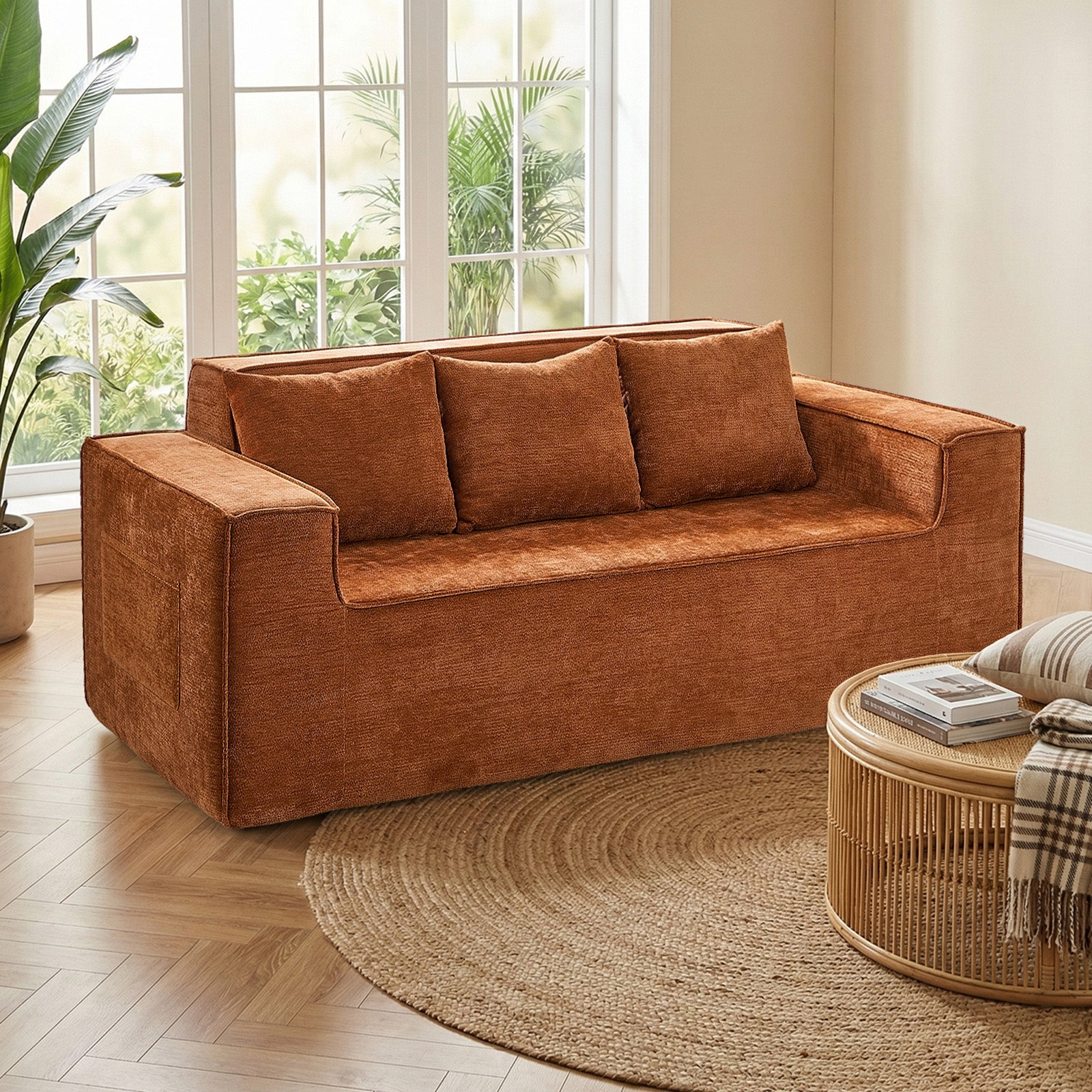 Oikiture Compressed Sofa in a Box Couch with Storage 195cm Chenille Brown - Sunyee