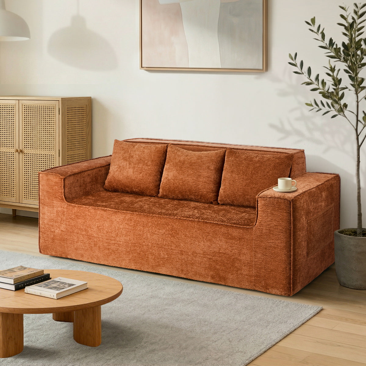Oikiture Compressed Sofa in a Box Couch with Storage 195cm Chenille Brown - Sunyee