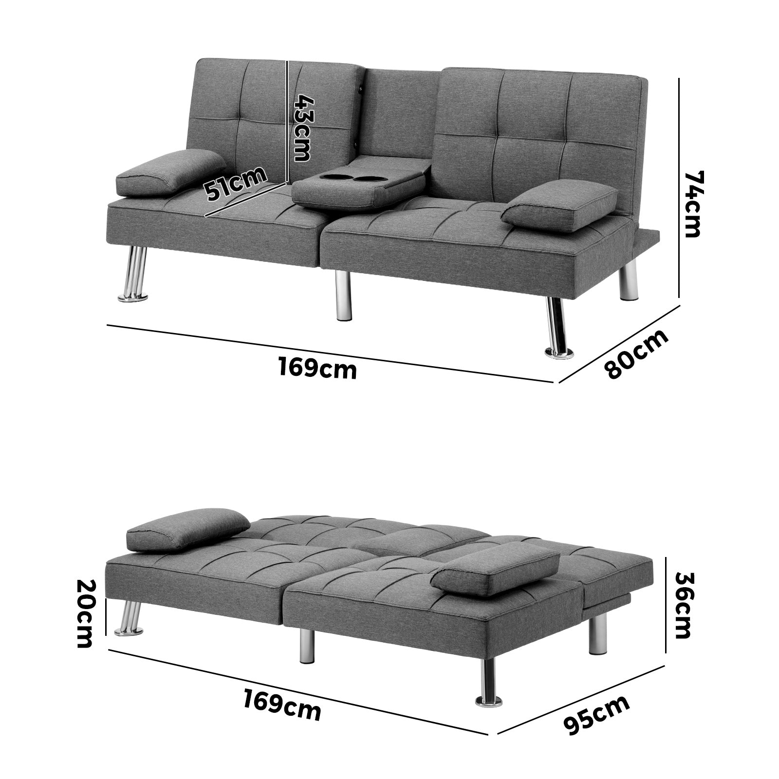 Oikiture Sofa Bed Lounge 3 Seater Futon Couch Beds Recliner Cup Holder Fabric - Sunyee