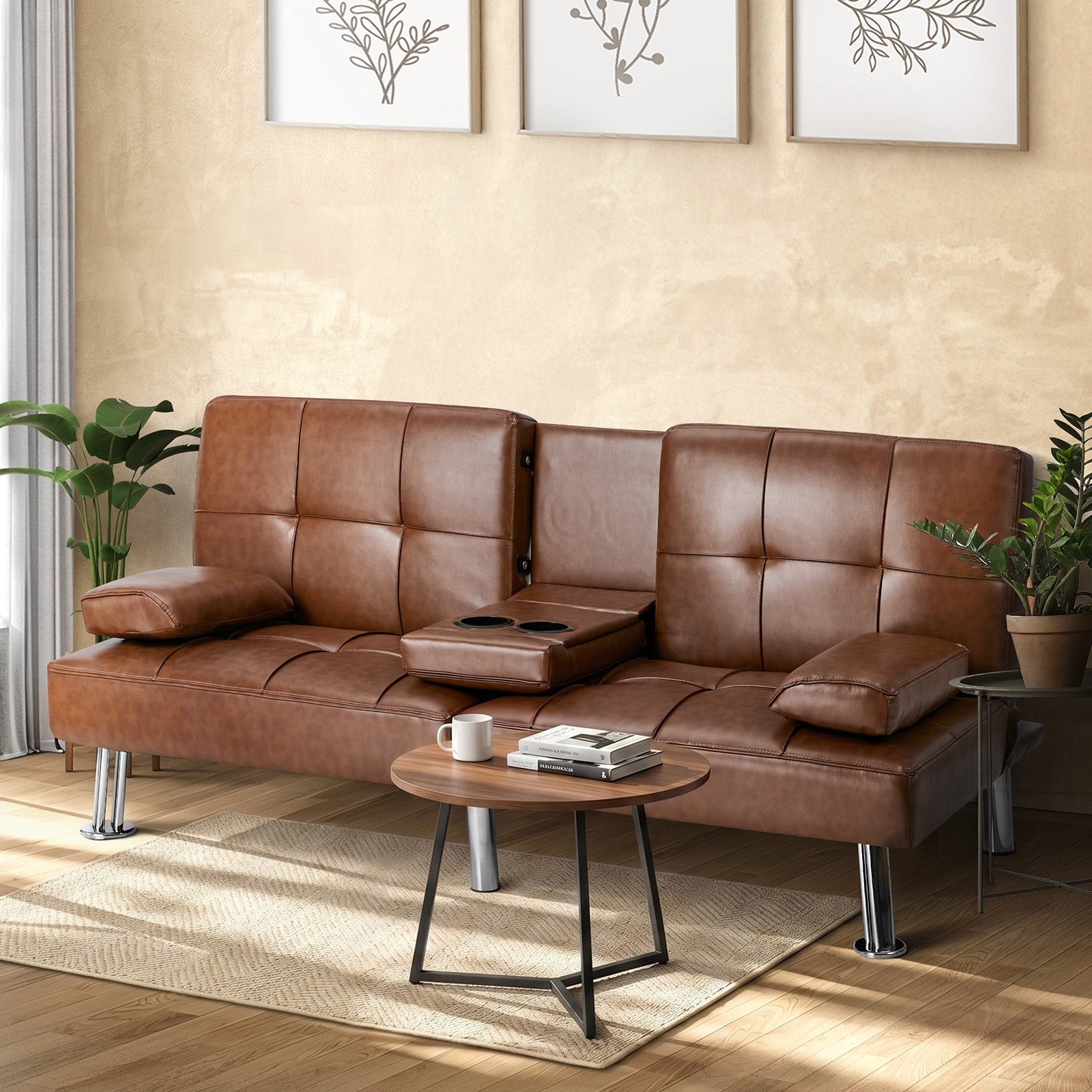 Oikiture Sofa Bed Couch Cup Holders Convertible Guest Sleeper Faux Leather Brown