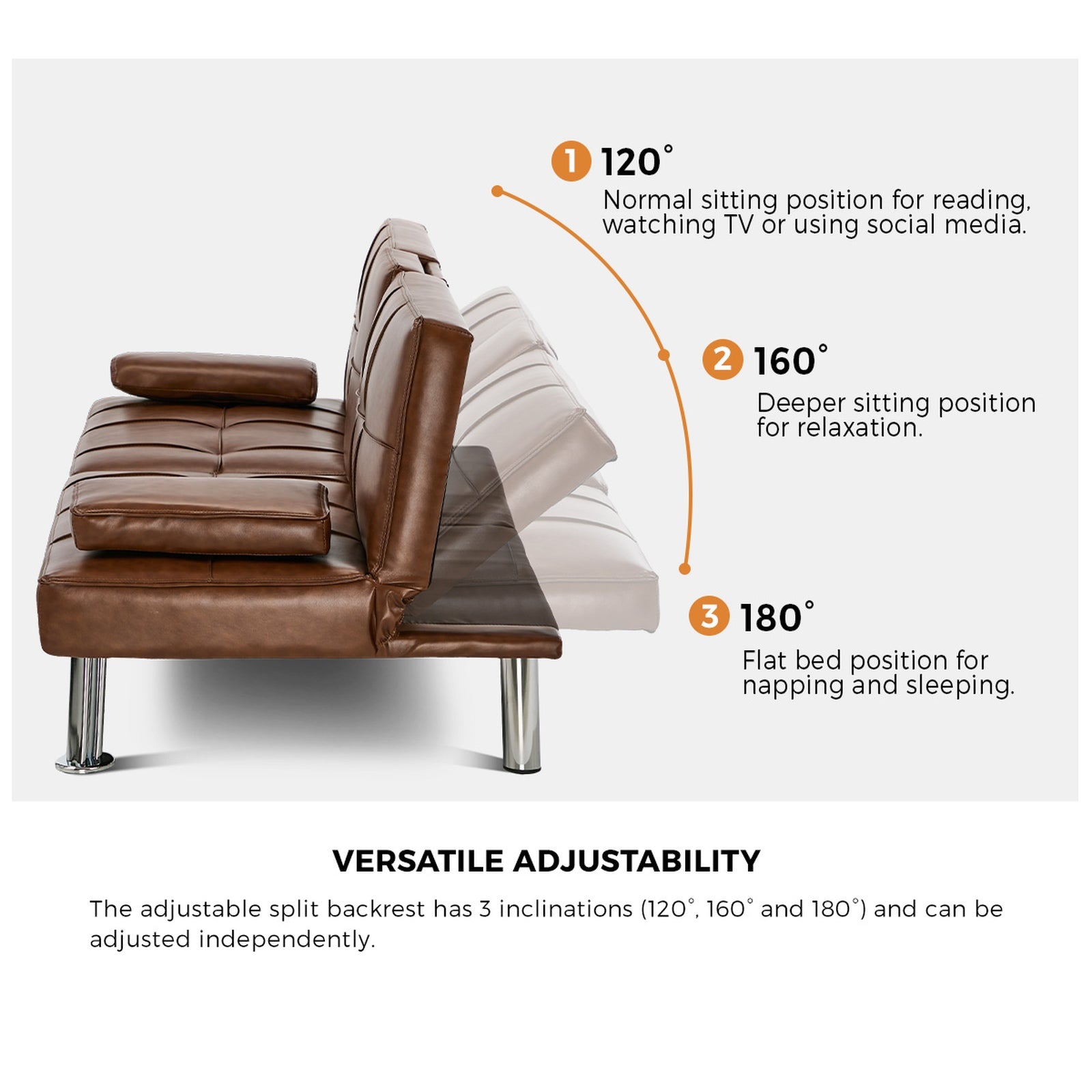 Oikiture Sofa Bed Couch Cup Holders Convertible Guest Sleeper Faux Leather Brown