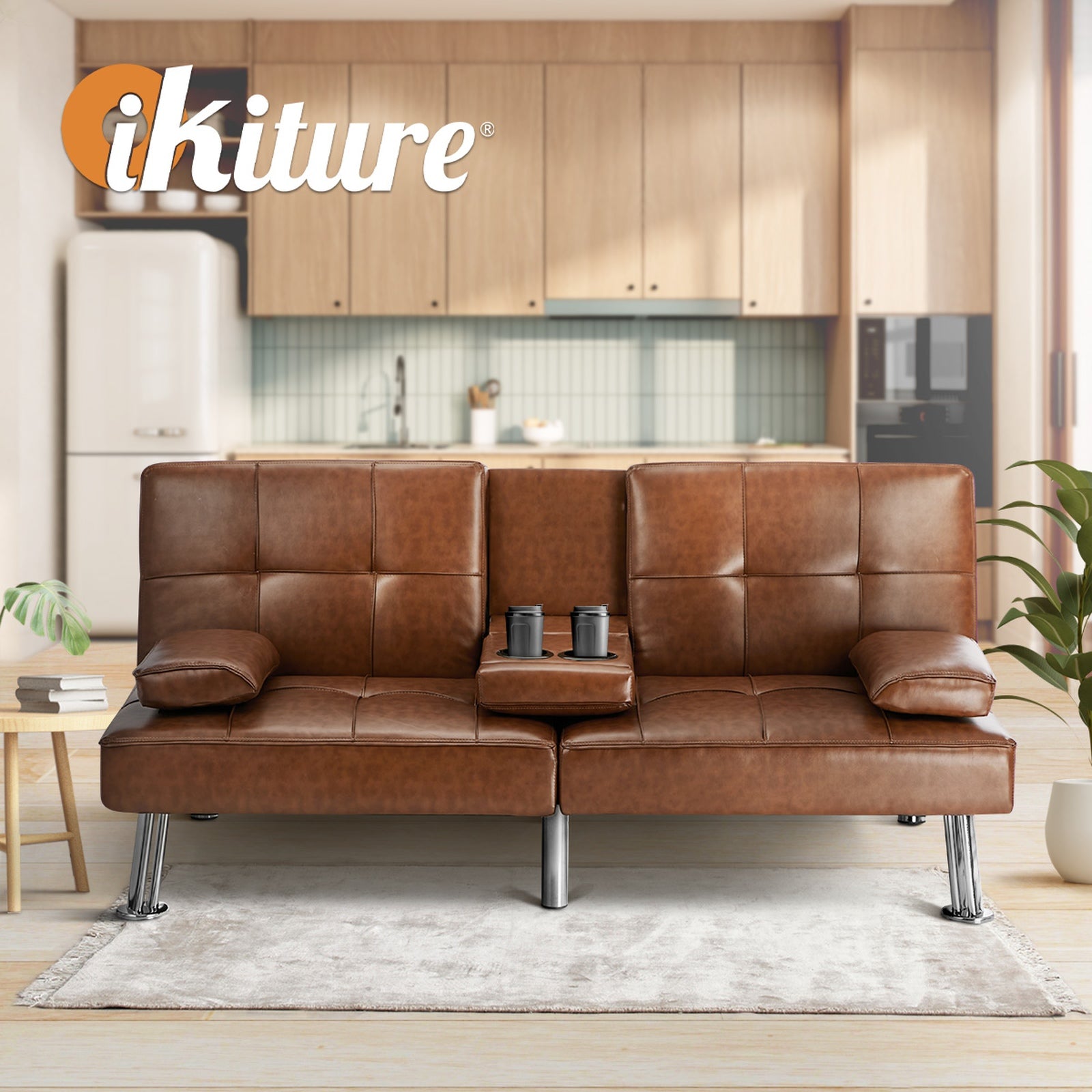 Oikiture Sofa Bed Couch Cup Holders Convertible Guest Sleeper Faux Leather Brown
