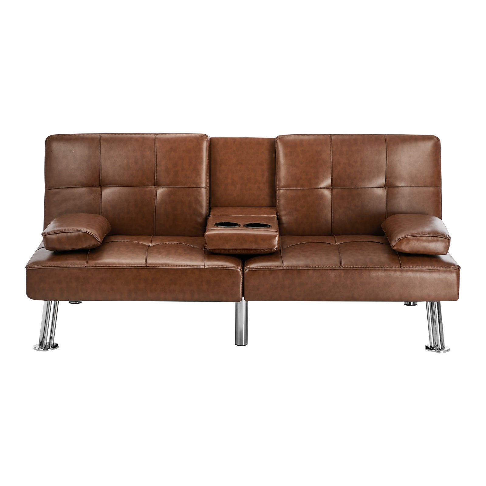 Oikiture Sofa Bed Couch Cup Holders Convertible Guest Sleeper Faux Leather Brown
