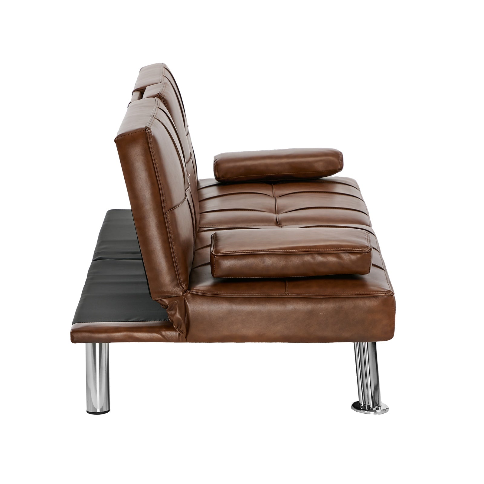 Oikiture Sofa Bed Couch Cup Holders Convertible Guest Sleeper Faux Leather Brown