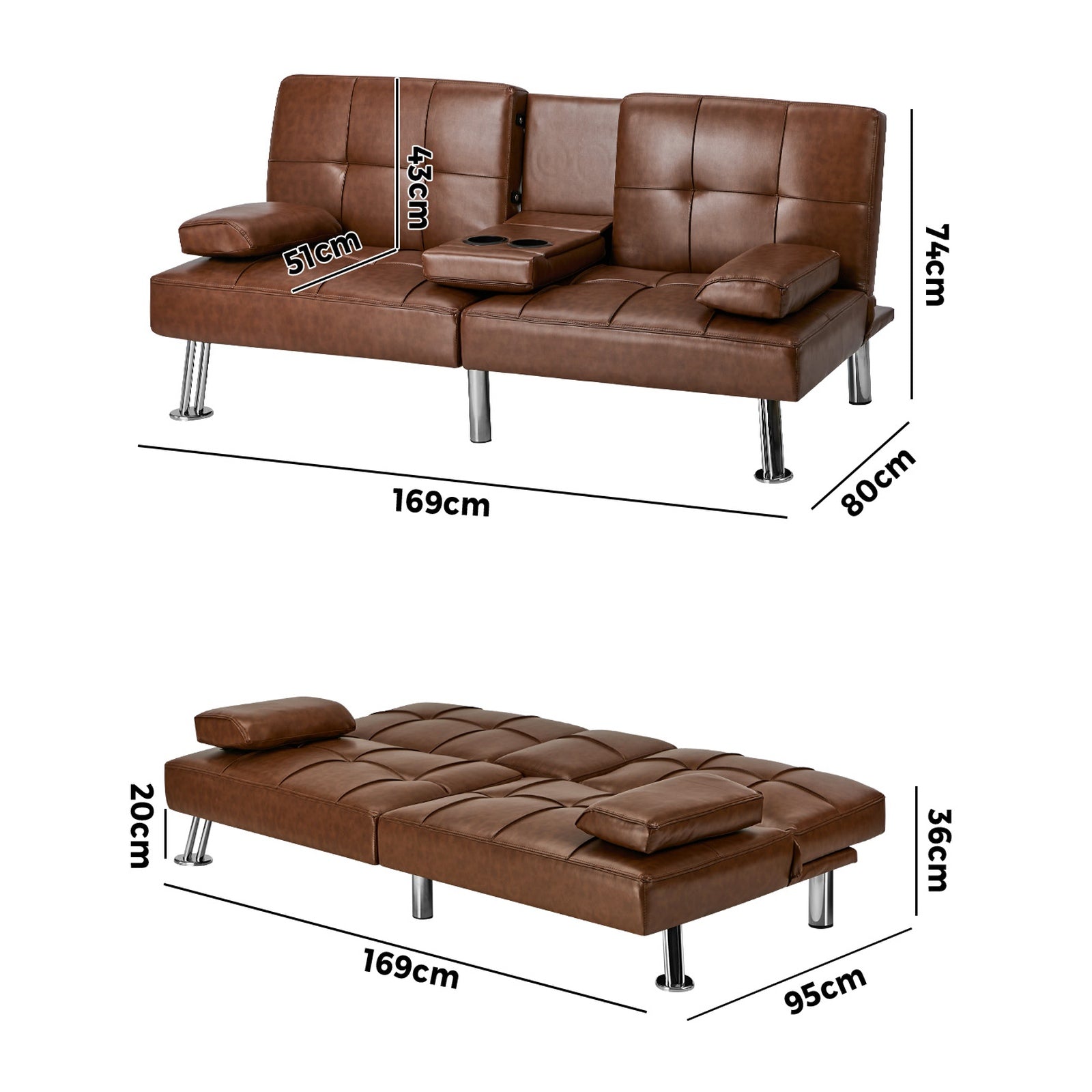 Oikiture Sofa Bed Couch Cup Holders Convertible Guest Sleeper Faux Leather Brown