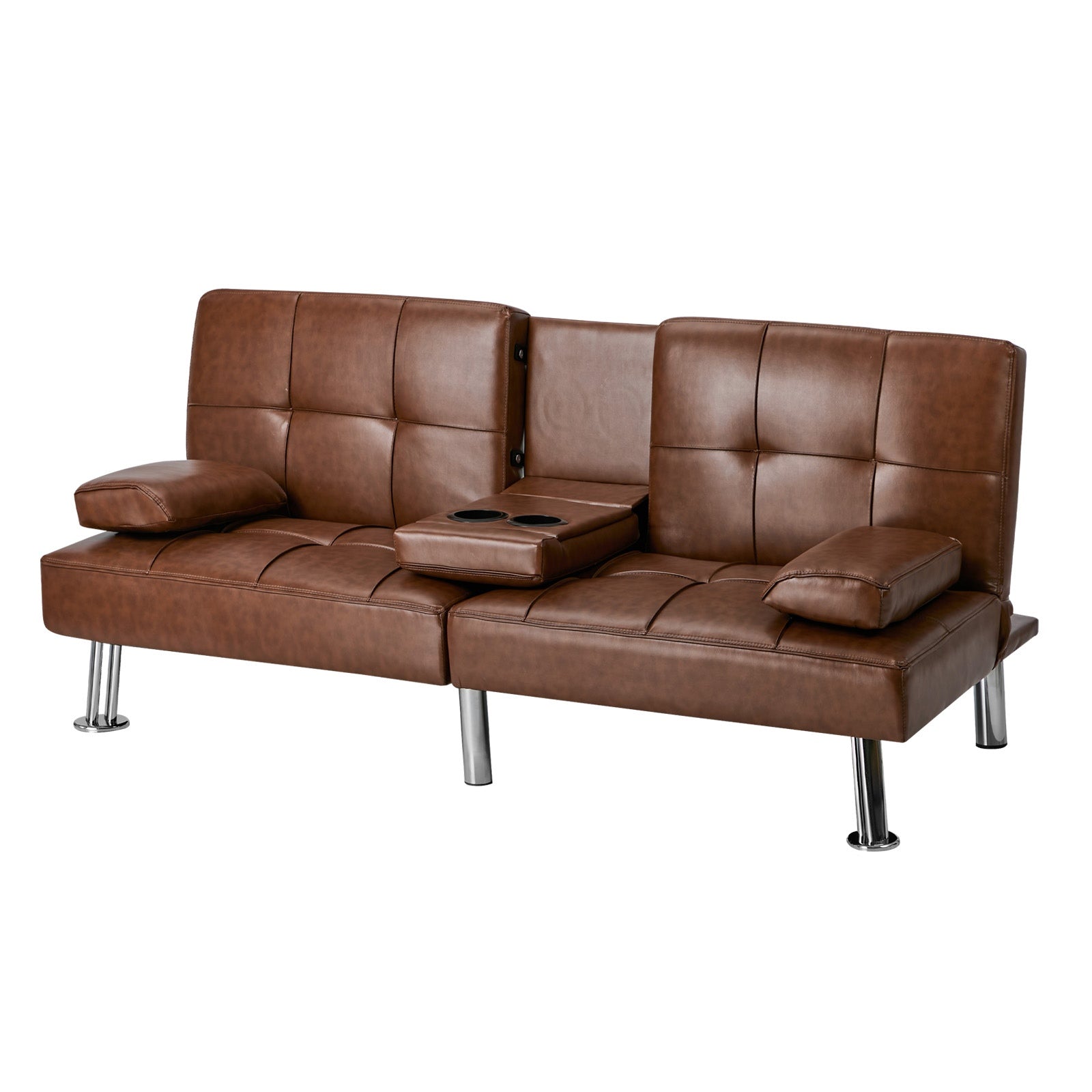 Oikiture Sofa Bed Couch Cup Holders Convertible Guest Sleeper Faux Leather Brown