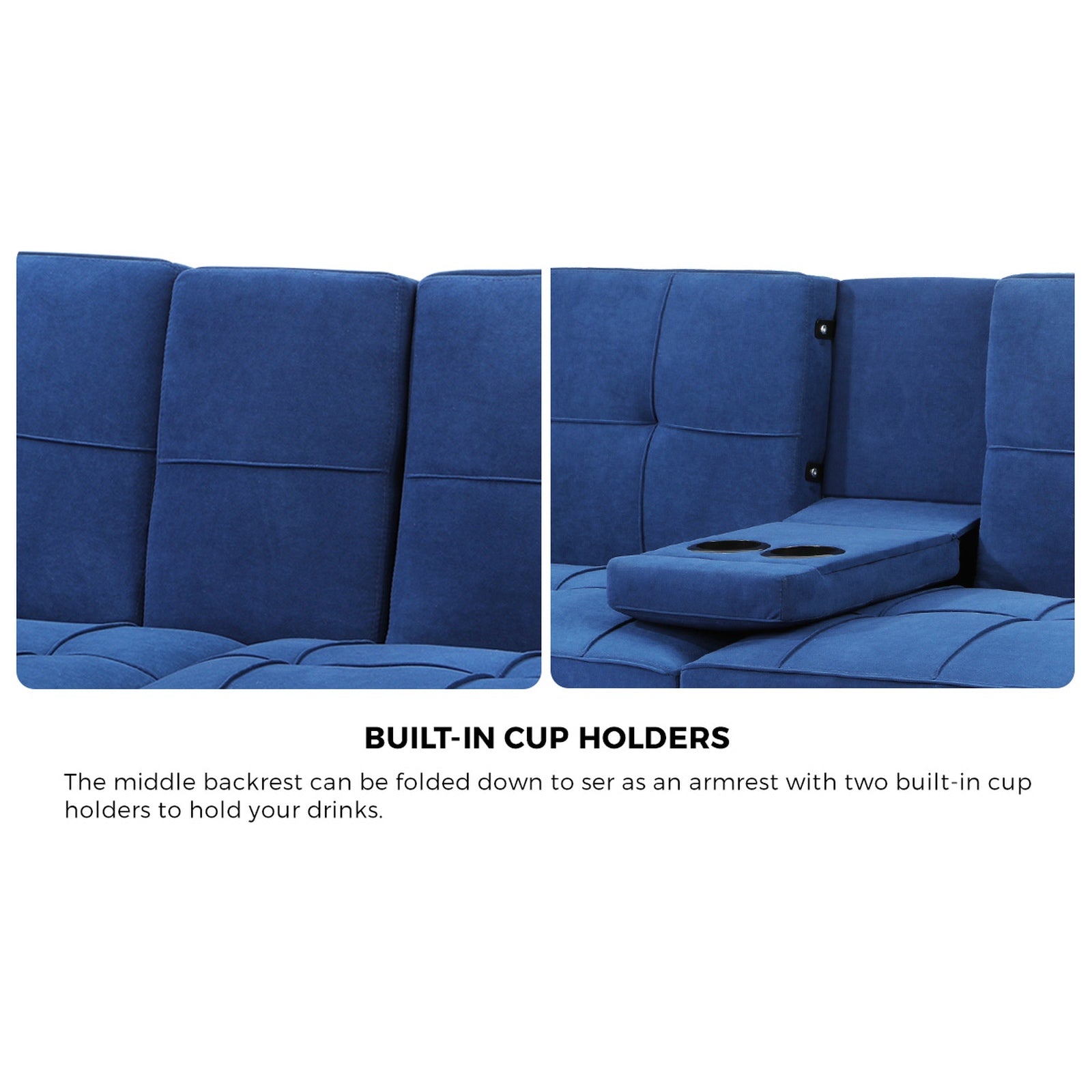 Oikiture Sofa Bed Lounge 3 Seater Couch Recliner Sofabeds Cup Holder Velvet Blue - Sunyee
