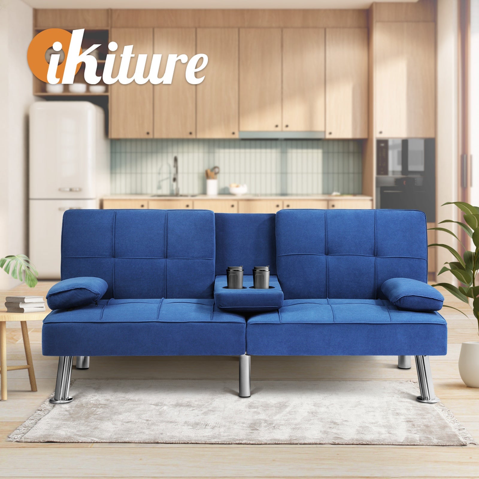 Oikiture Sofa Bed Lounge 3 Seater Couch Recliner Sofabeds Cup Holder Velvet Blue - Sunyee