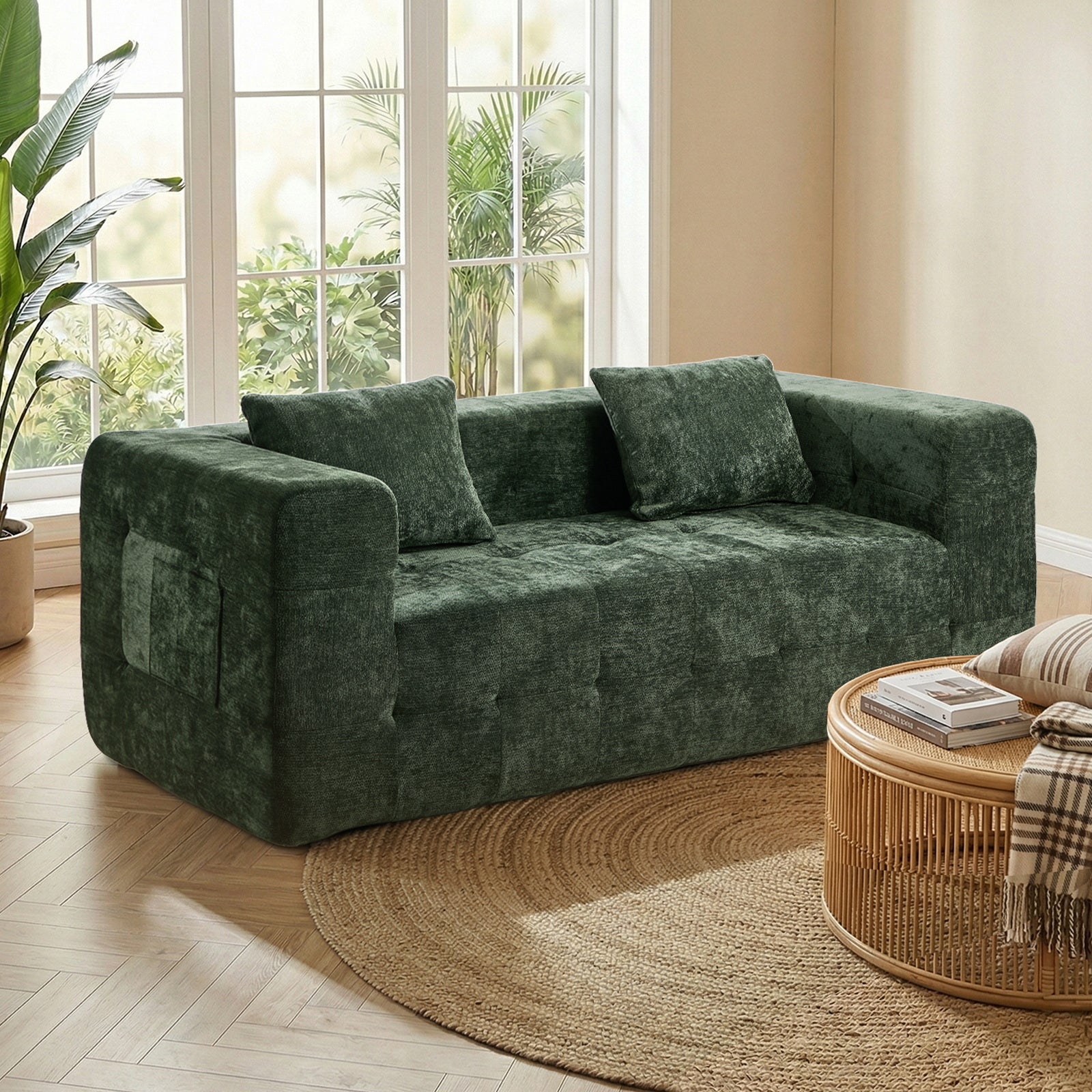Oikiture Compressed Sofa in a Box Button Tufting Couch Storage Chenille Green - Sunyee