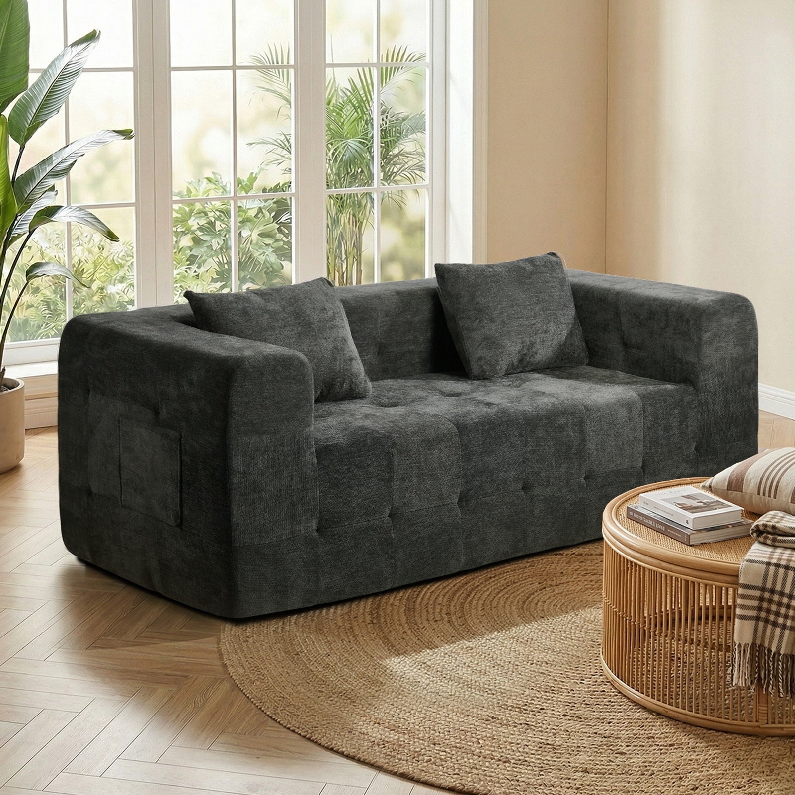 Oikiture Compressed Sofa in a Box Button Tufting Couch Storage Chenille Grey - Sunyee