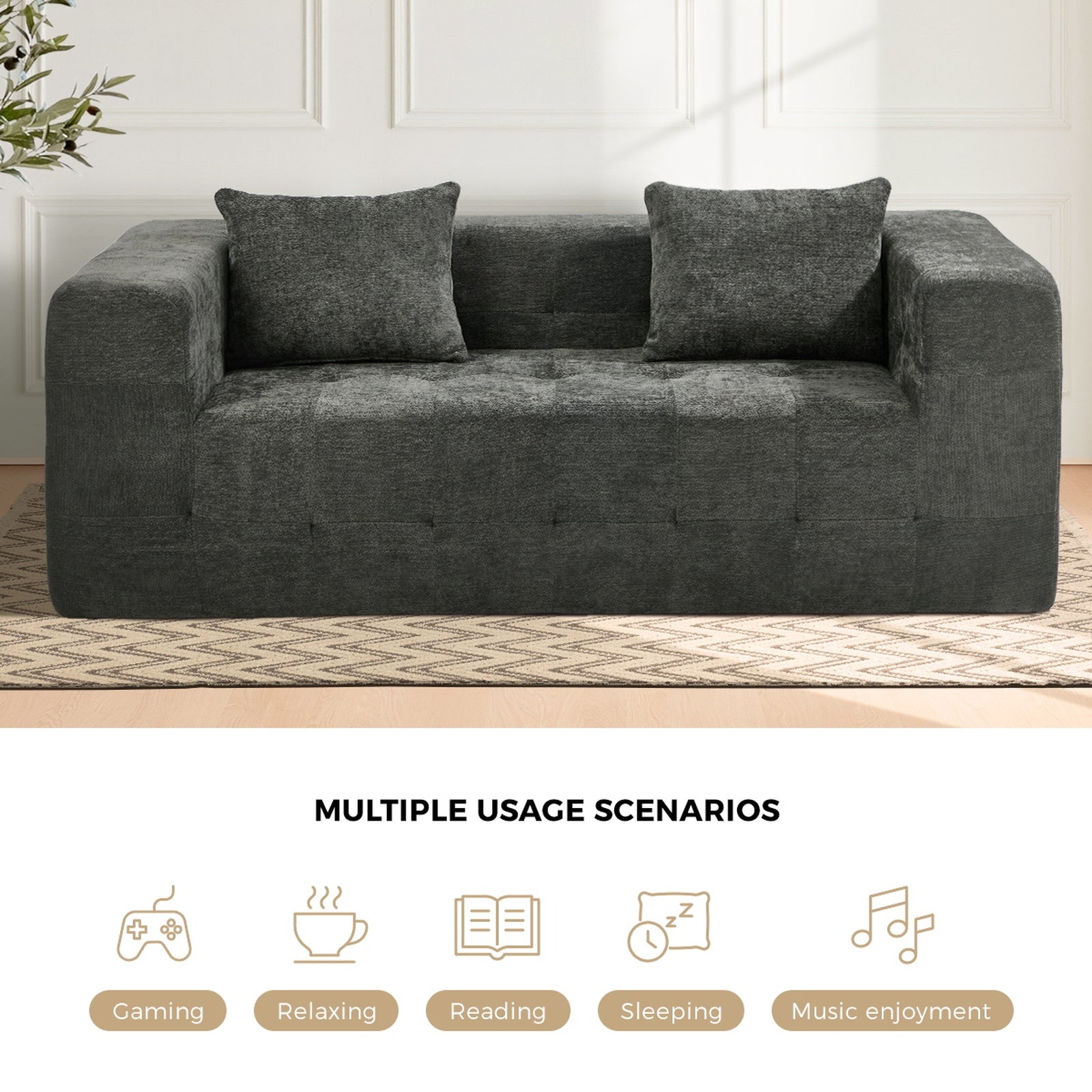 Oikiture Compressed Sofa in a Box Button Tufting Couch Storage Chenille Grey - Sunyee