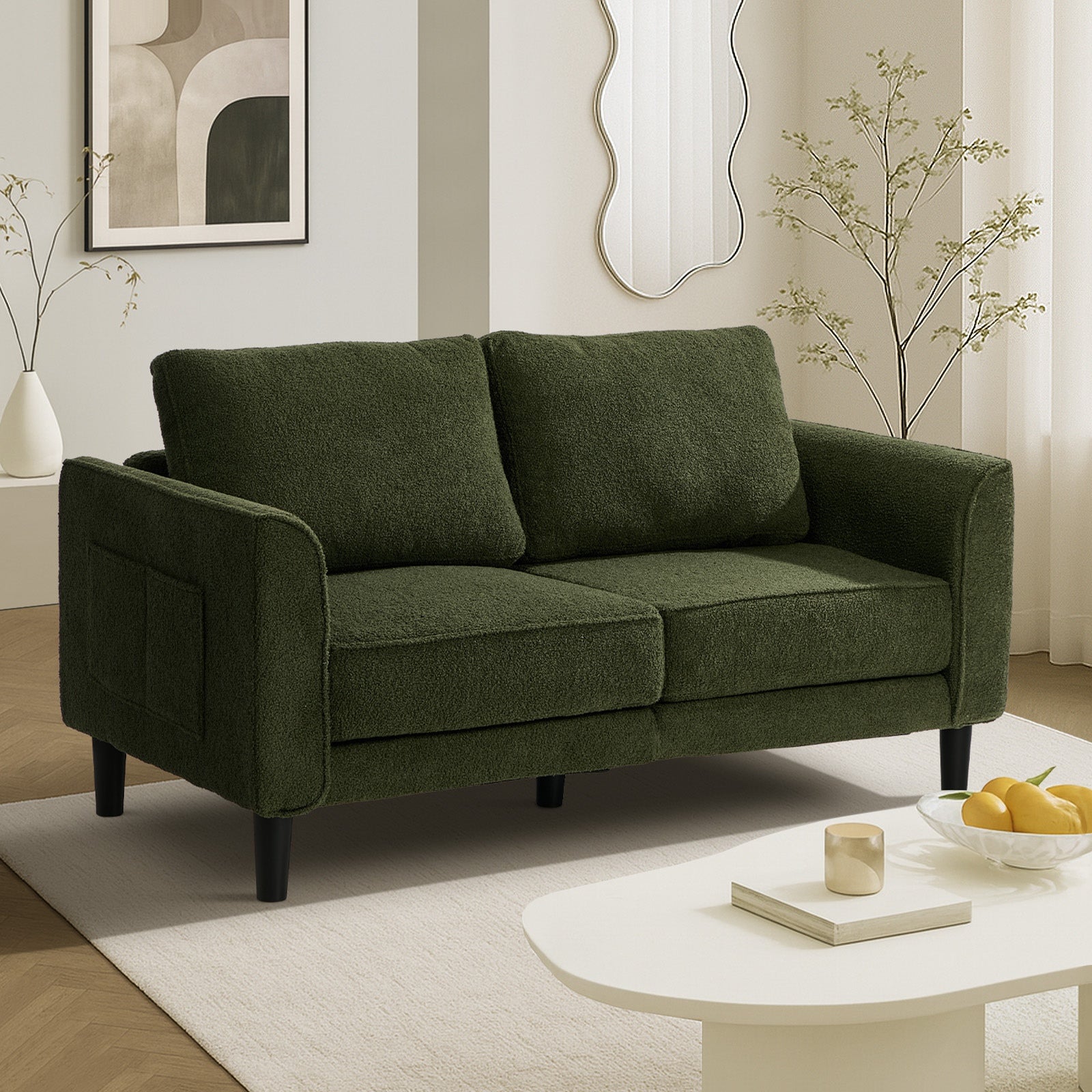 Oikiture 2 Seater Sofa 150cm Boucle Love Seat Small Couch Chair Storage Green