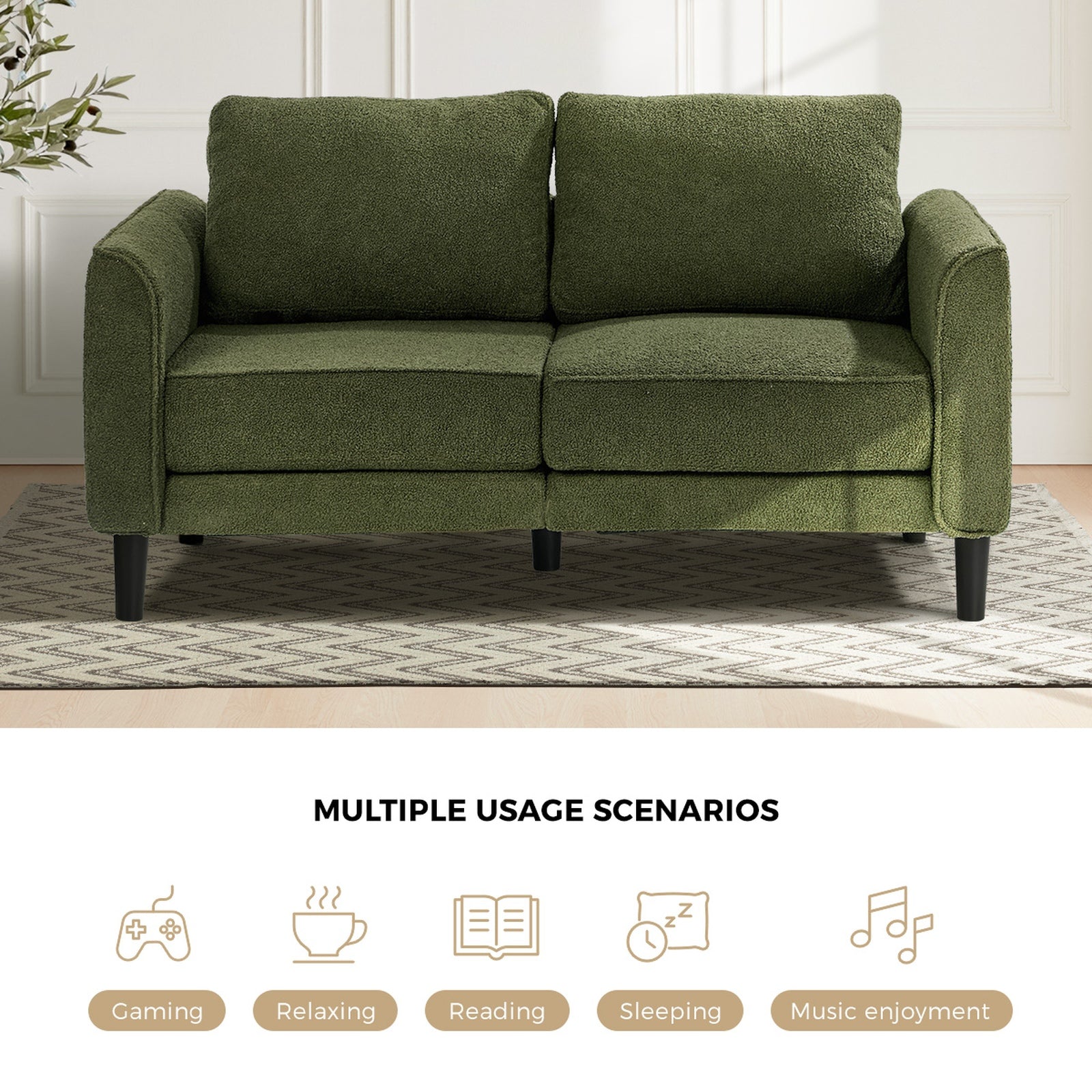 Oikiture 2 Seater Sofa 150cm Boucle Love Seat Small Couch Chair Storage Green