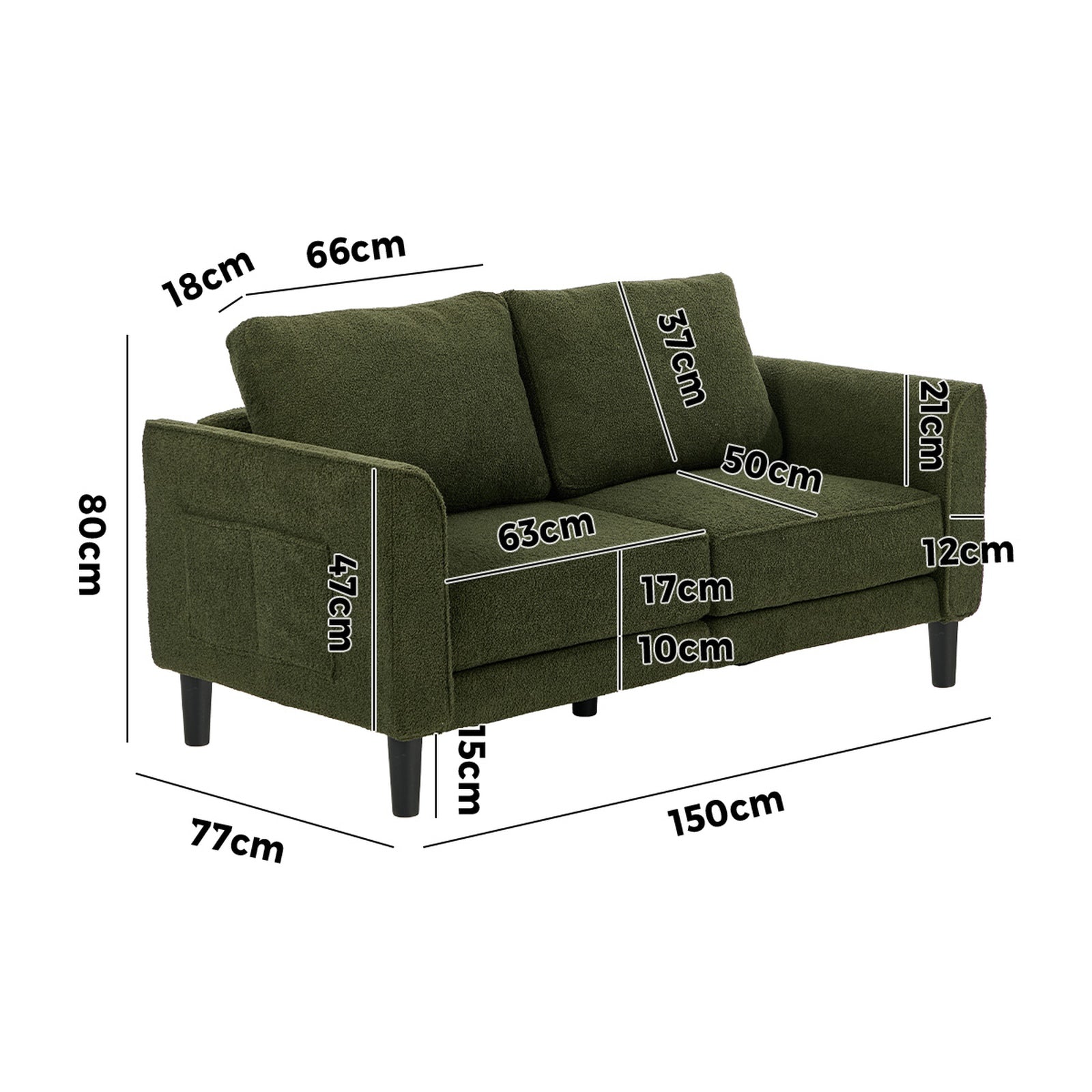 Oikiture 2 Seater Sofa 150cm Boucle Love Seat Small Couch Chair Storage Green