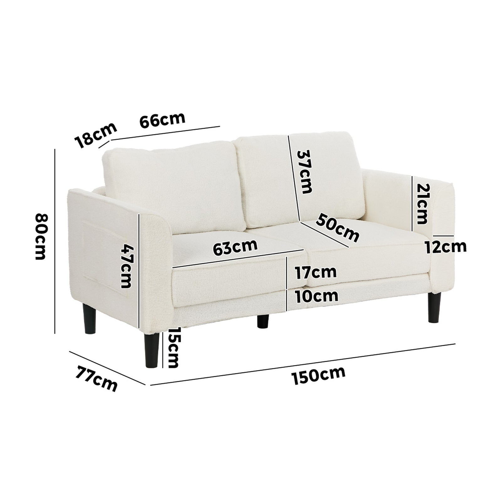 Oikiture 2 Seater Sofa 150cm Boucle Love Seat Small Couch Chair Storage White