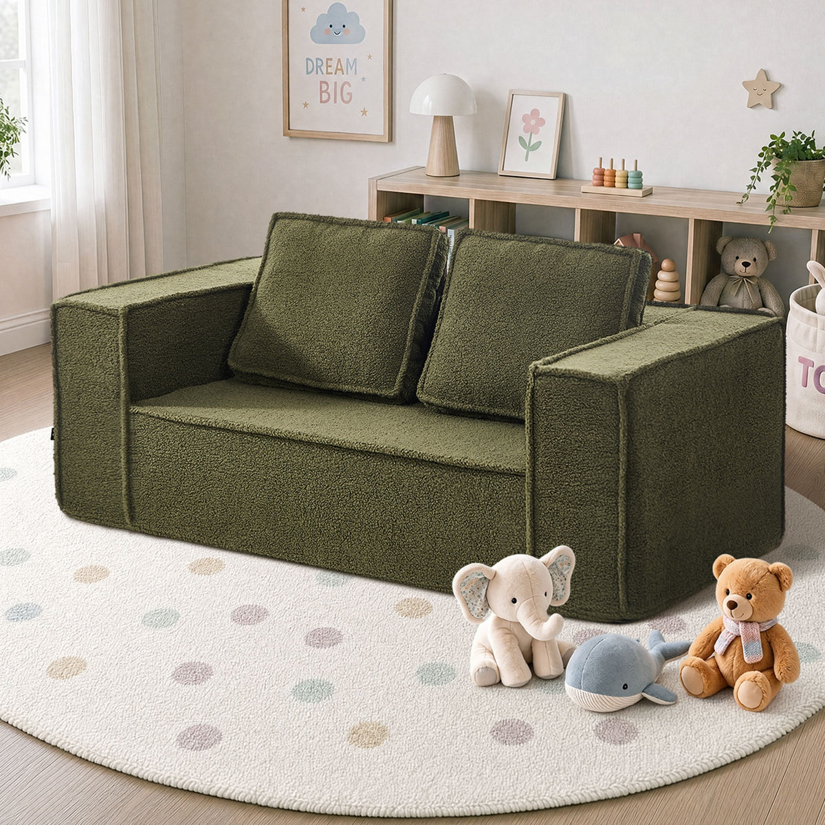 Oikiture 2-Seater Compressed Kids Sofa in a Box Couch Deep Seat Sherpa Green