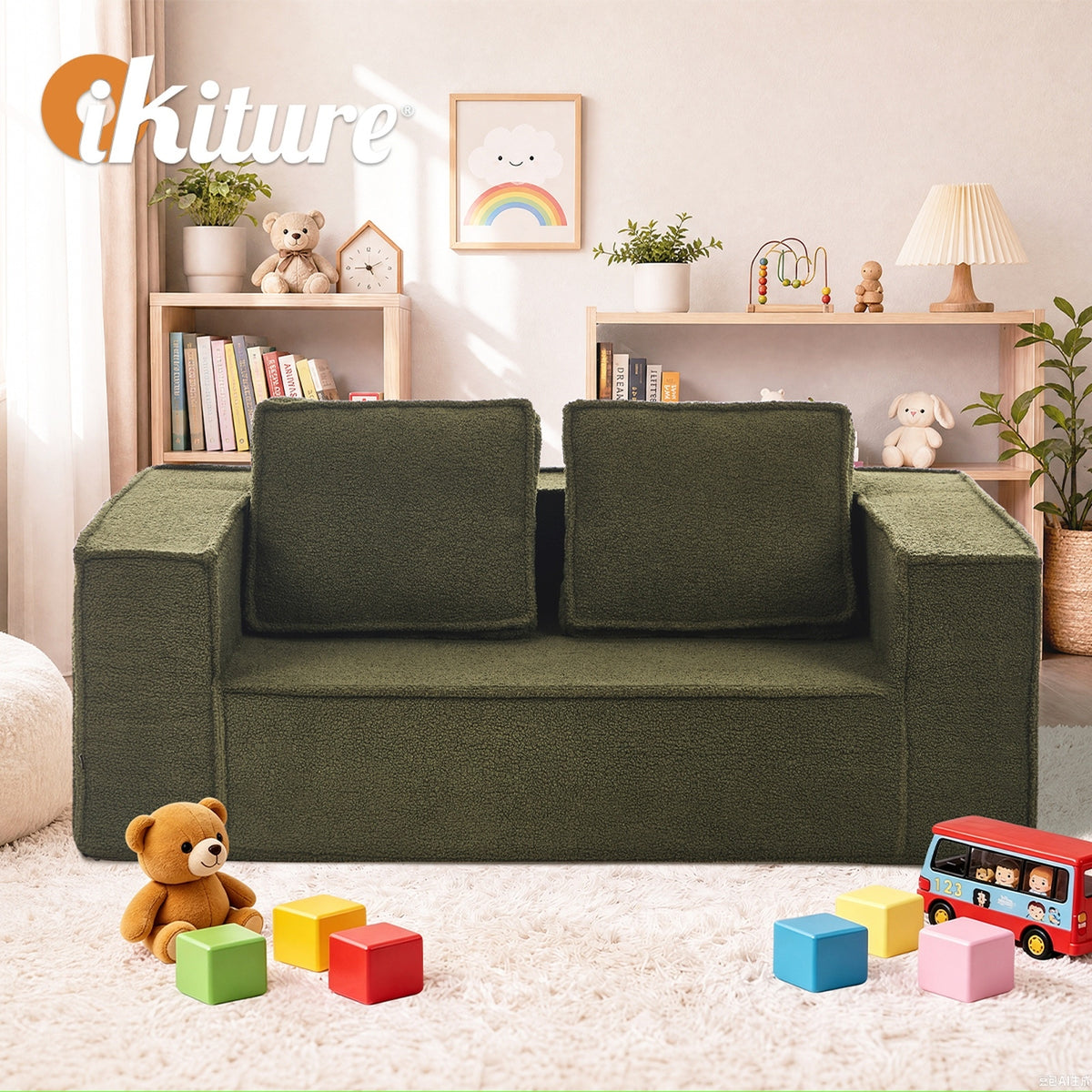 Oikiture 2-Seater Compressed Kids Sofa in a Box Couch Deep Seat Sherpa Green