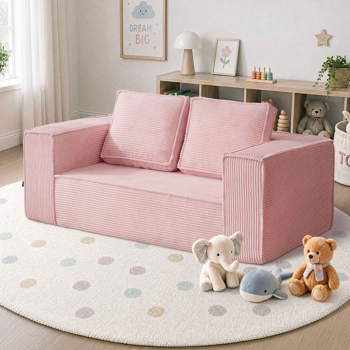 Oikiture Compressed Foam Kids Sofa 2 Seater Pets Pink Couch Chair Corduroy