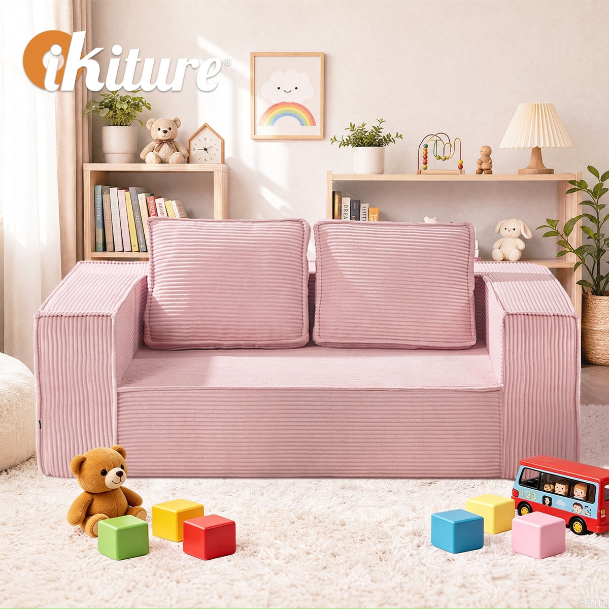 Oikiture Compressed Foam Kids Sofa 2 Seater Pets Pink Couch Chair Corduroy