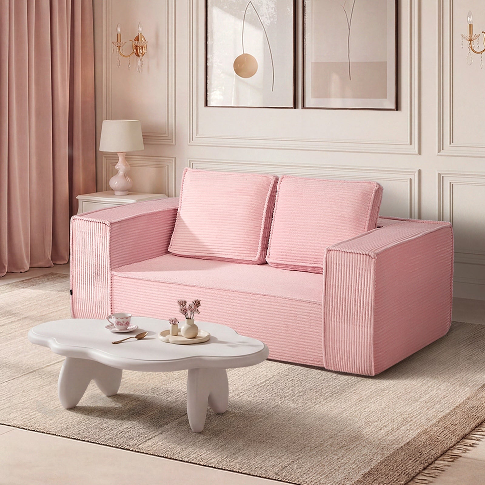 Oikiture Compressed Foam Sofa 2 Seater Pink Couch Chair Corduroy Loveseat