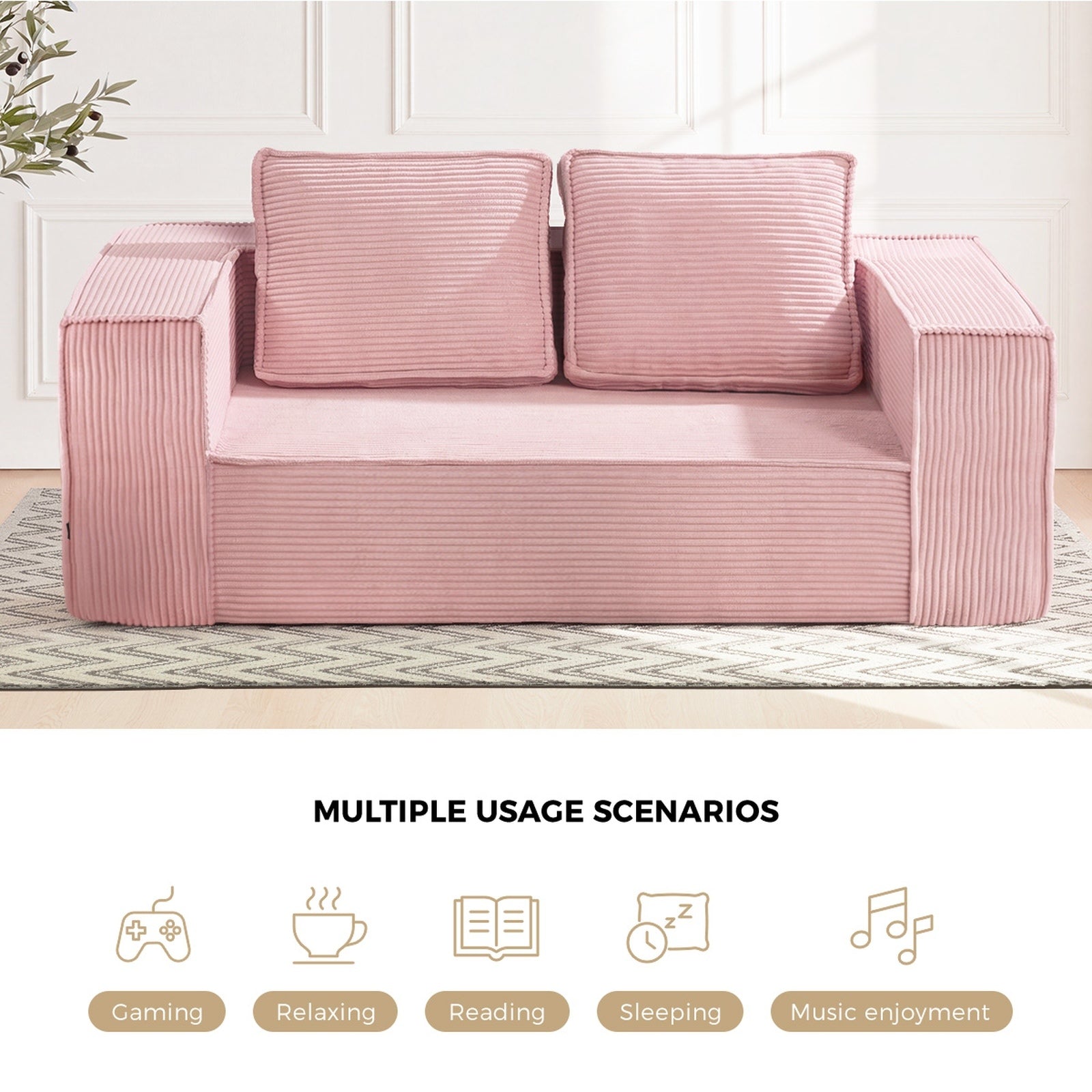 Oikiture Compressed Foam Sofa 2 Seater Pink Couch Chair Corduroy Loveseat
