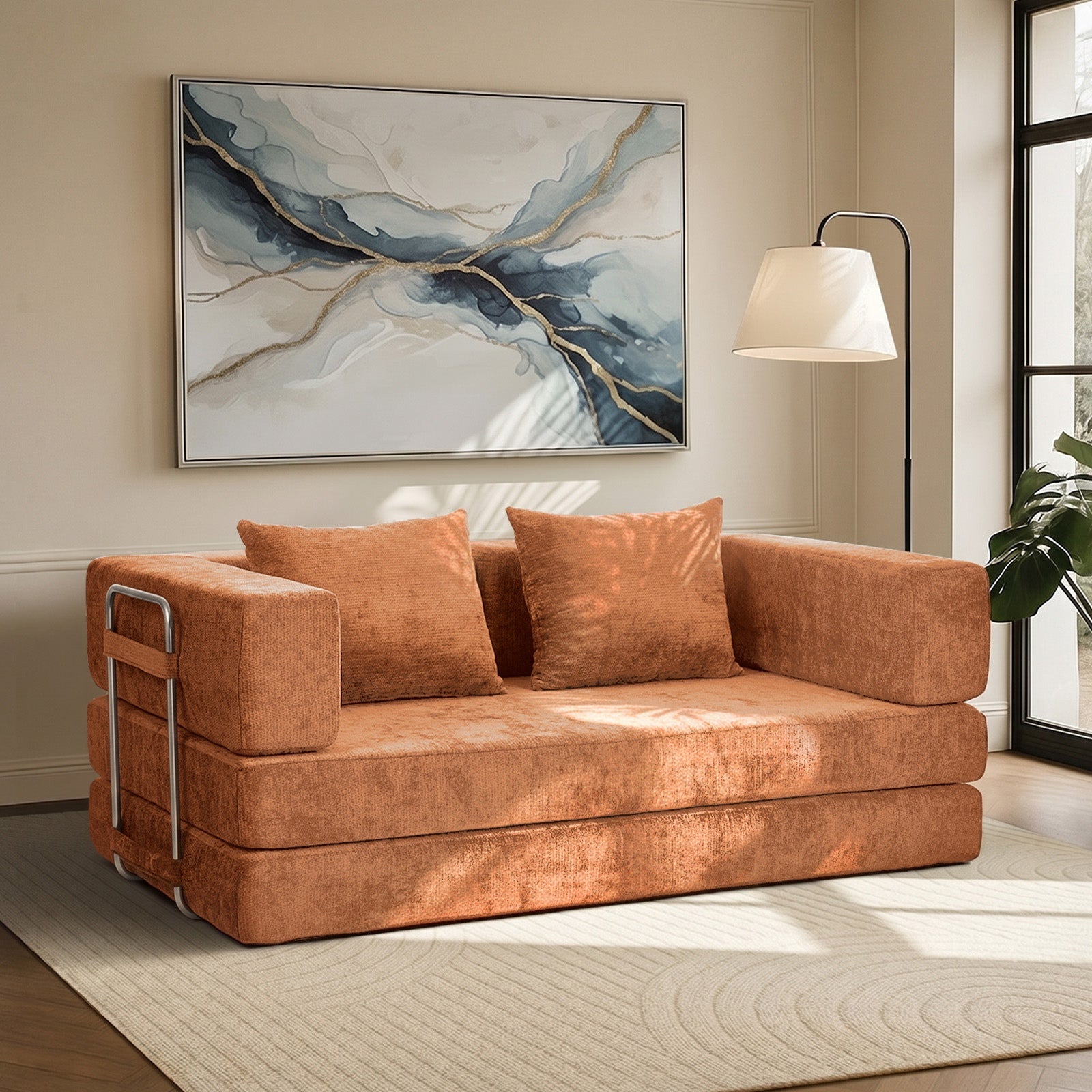 Oikiture Convertible Modular Sofa Bed Chenille Floor Sleeper Couch Burnt Orange