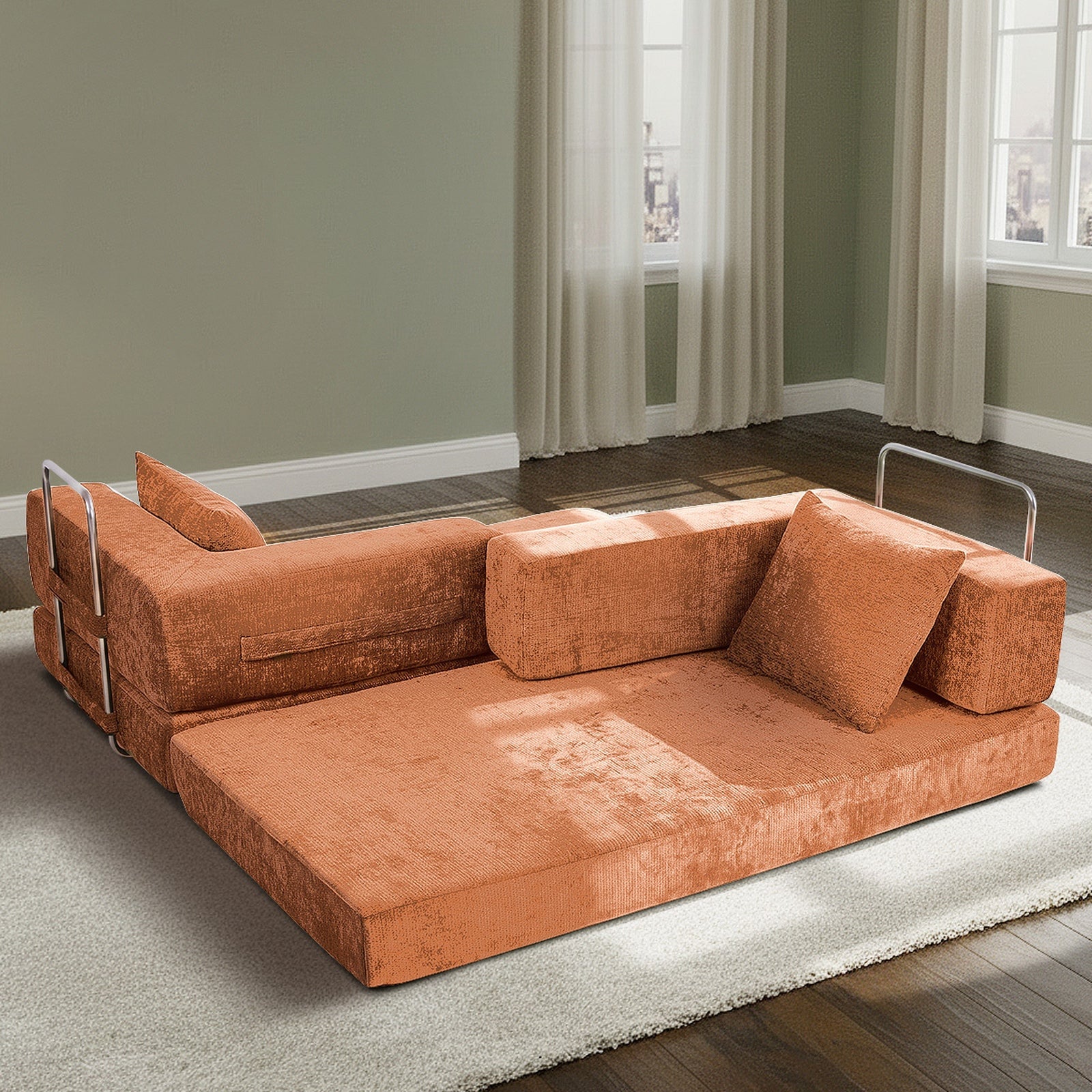 Oikiture Convertible Modular Sofa Bed Chenille Floor Sleeper Couch Burnt Orange
