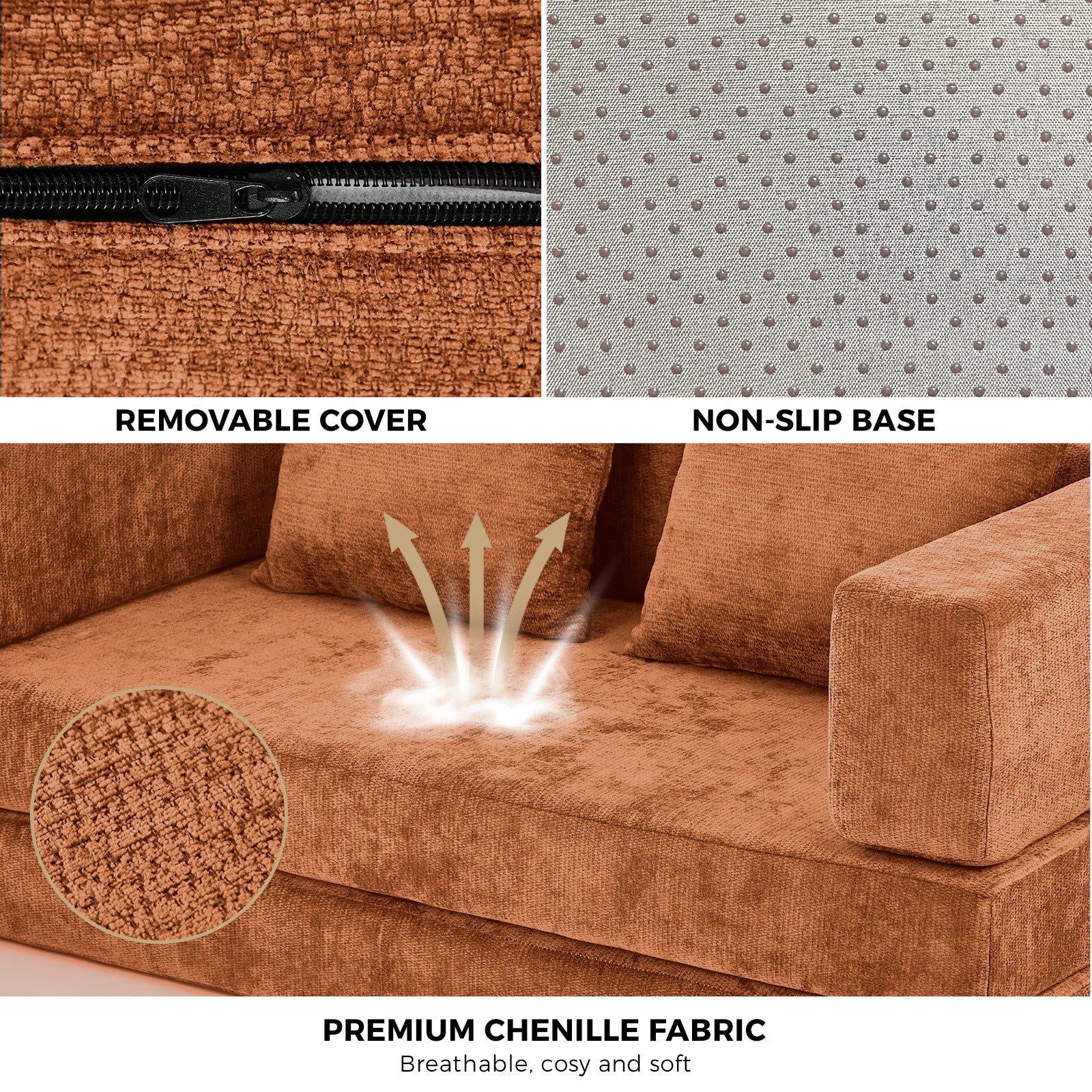 Oikiture Convertible Modular Sofa Bed Chenille Floor Sleeper Couch Burnt Orange
