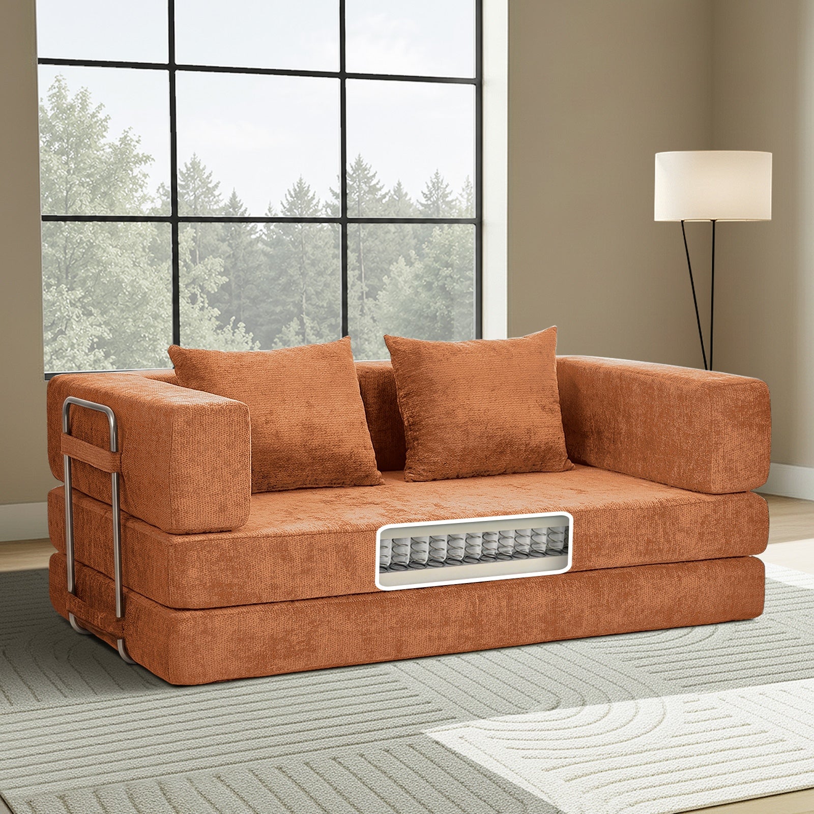 Oikiture Convertible Modular Sofa Bed Chenille Floor Sleeper Couch Burnt Orange