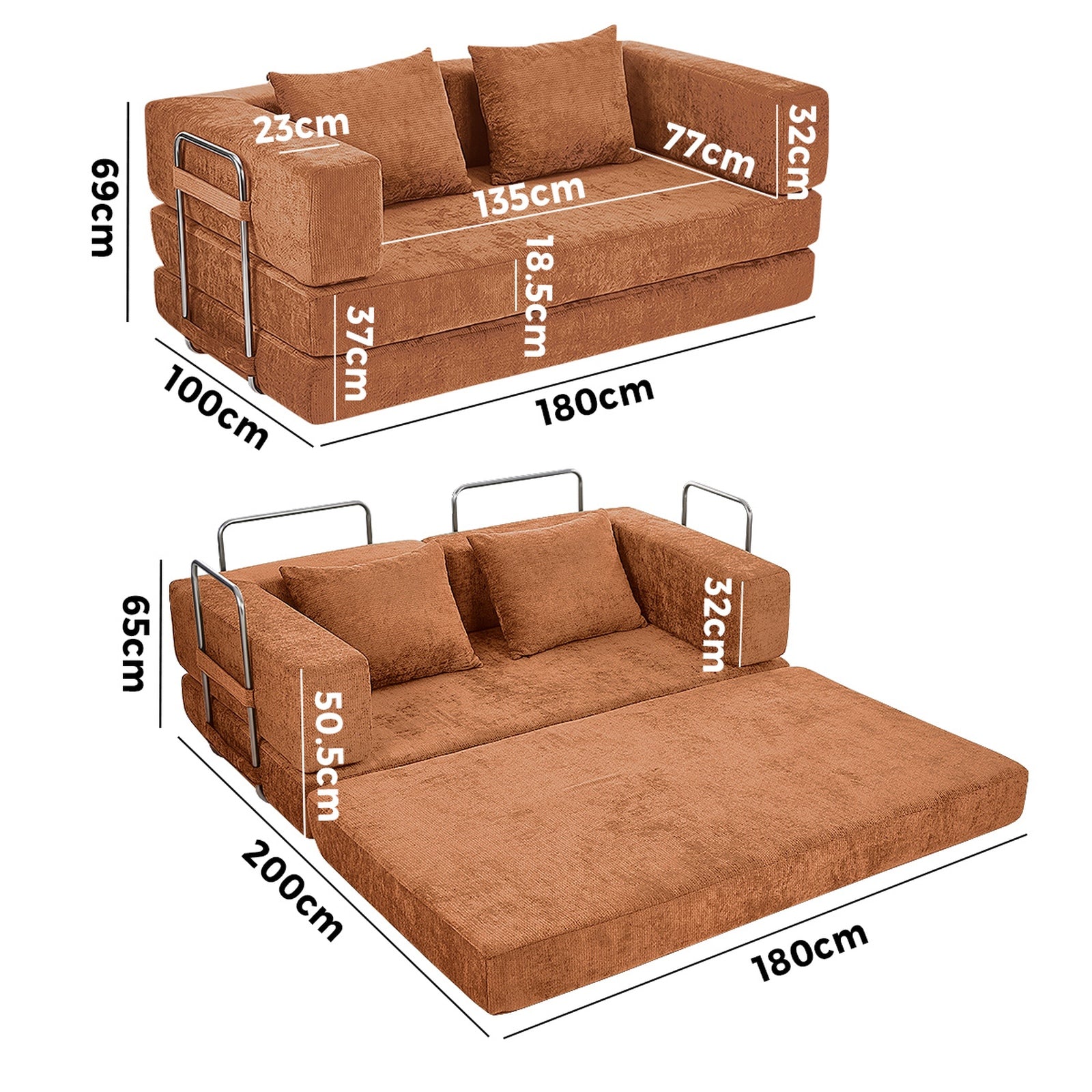 Oikiture Convertible Modular Sofa Bed Chenille Floor Sleeper Couch Burnt Orange