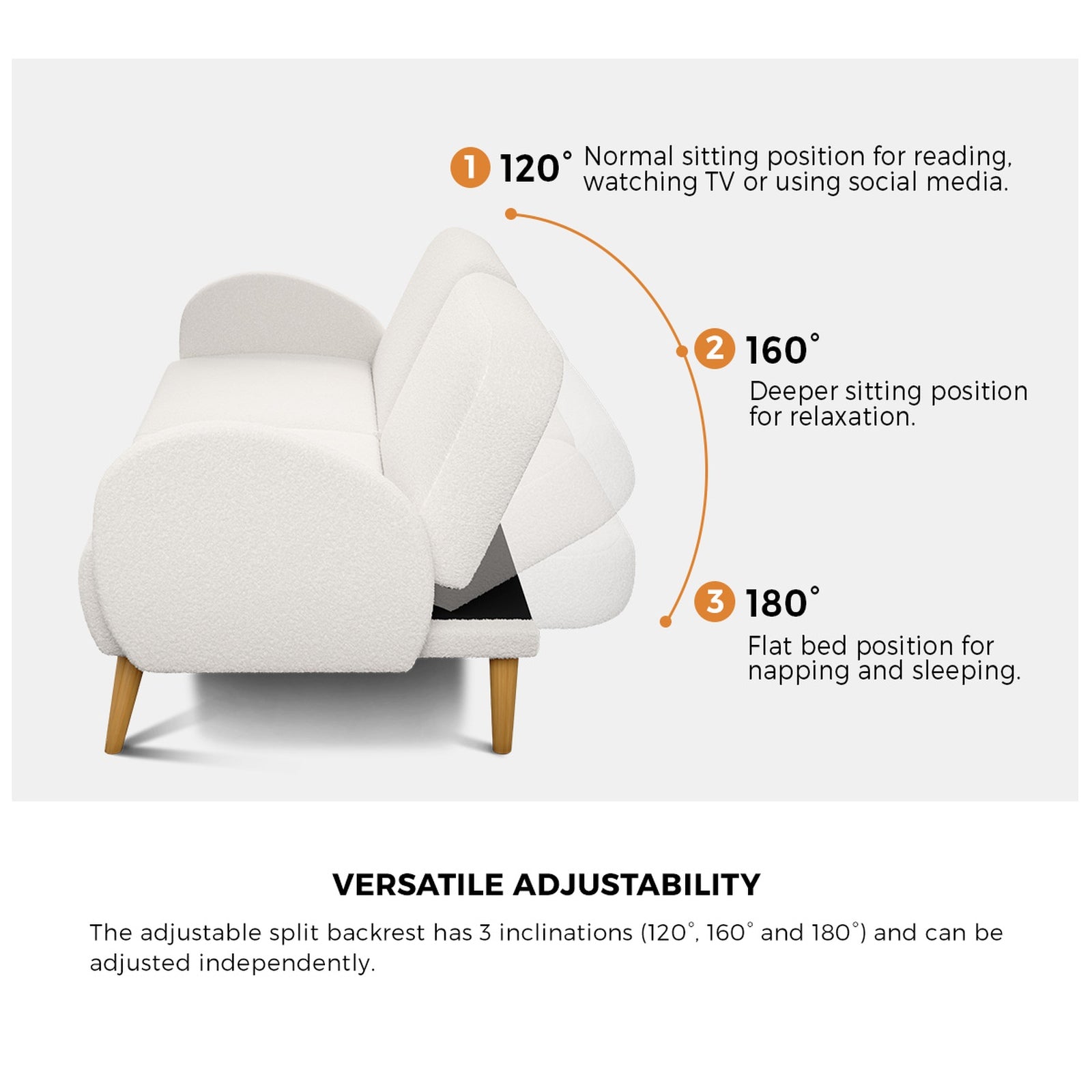 Oikiture Boucle Sofa Bed 3 Seater Recliner Convertible Lounge Couch Sherpa White - Sunyee