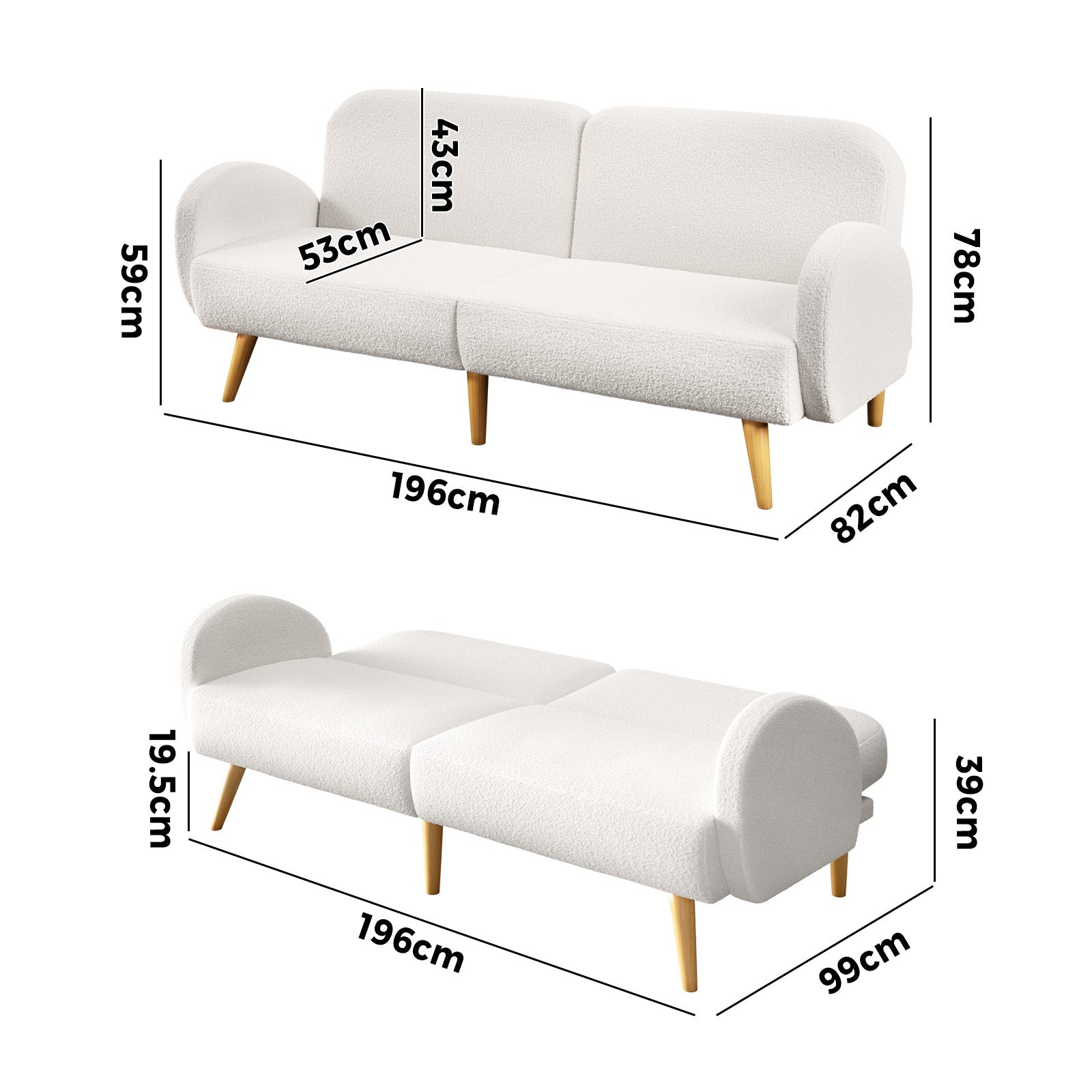 Oikiture Boucle Sofa Bed 3 Seater Recliner Convertible Lounge Couch Sherpa White - Sunyee