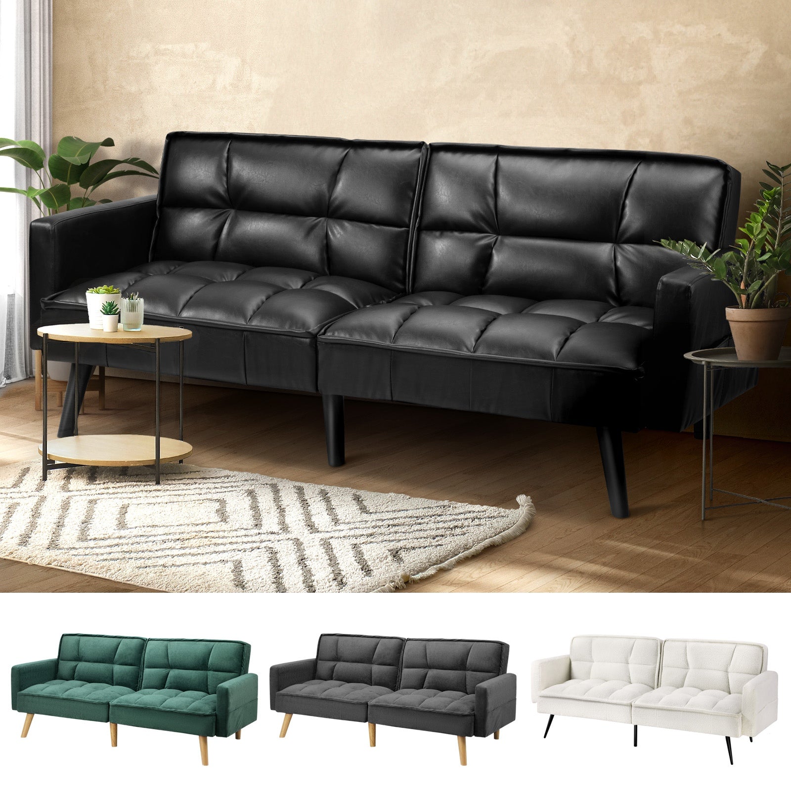 Oikiture 3-Seater Sofa Bed Convertible Futo Lounge Couch Recliner Velvet Sherpa - Sunyee