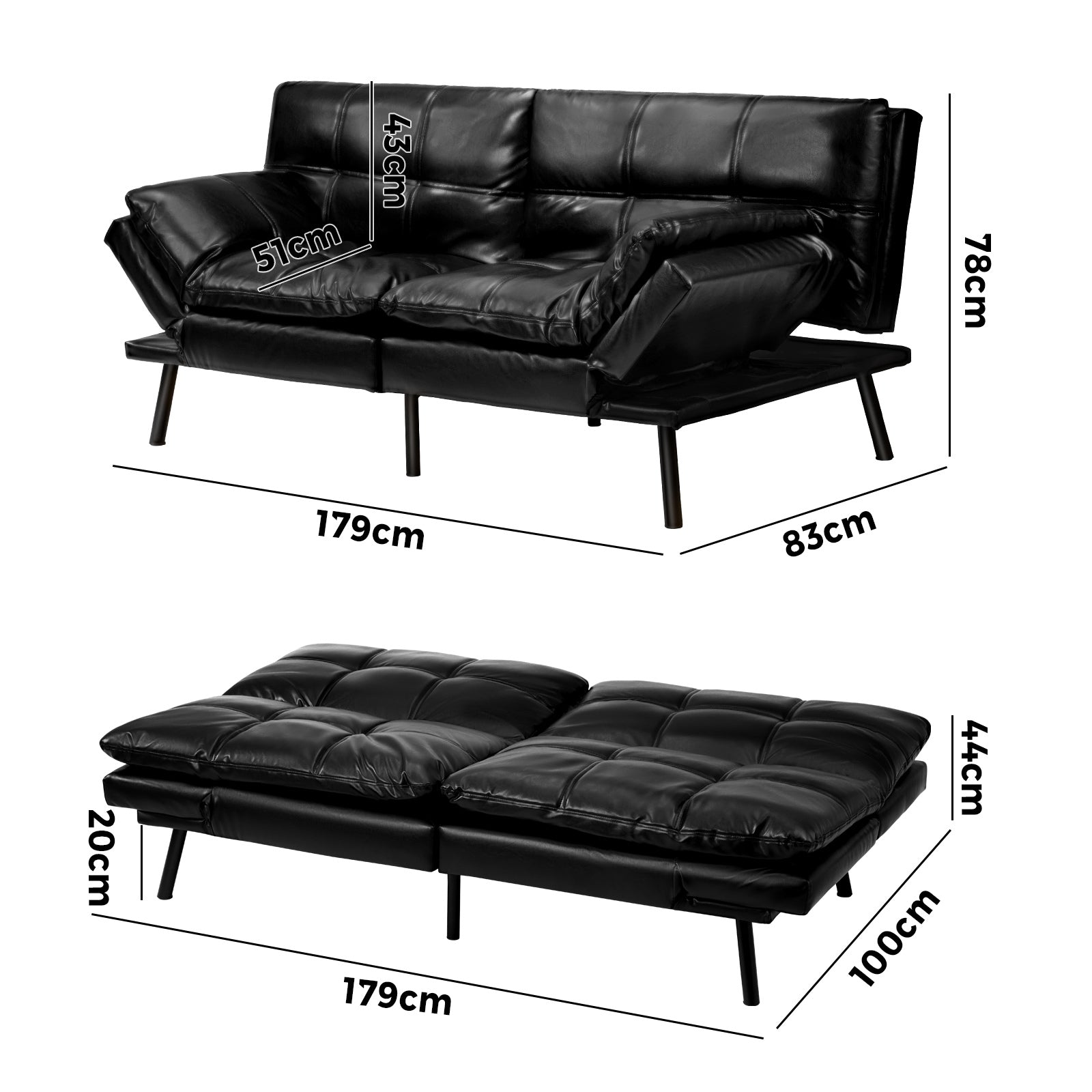 Oikiture Sofa Bed Futon Recliner Lounge Couch Convertible Leather 3-Seater Black - Sunyee