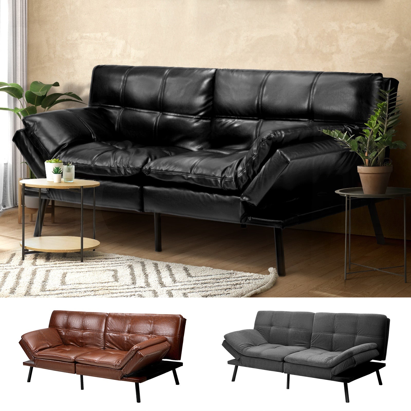 Oikiture 3-Seater Sofa Bed Futon Recliner Lounge Couch Convertible 3 Colours - Sunyee
