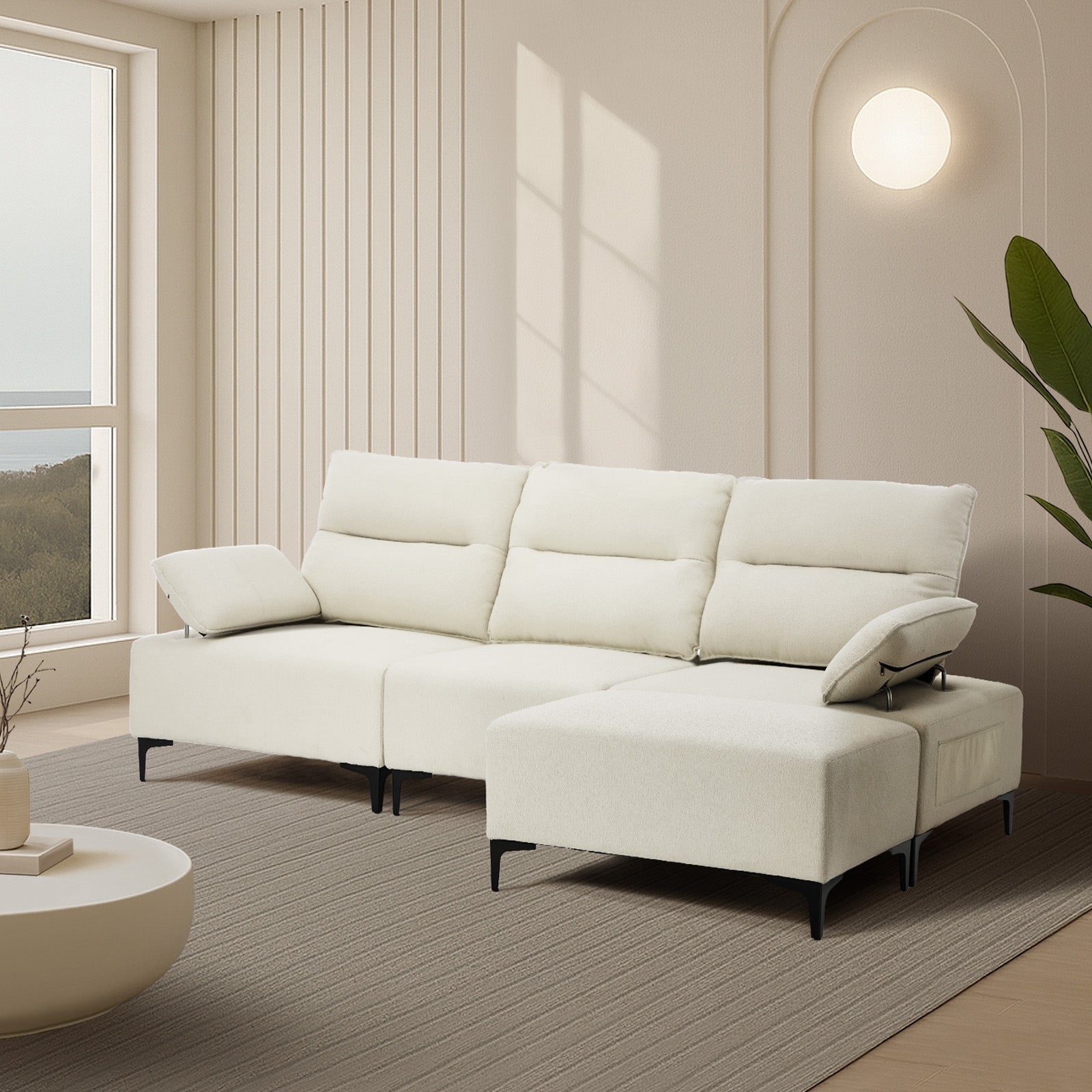 Oikiture 4 Seater Chenille Modular Sofa Couch Adjustable Armrest and Ottoman - Sunyee