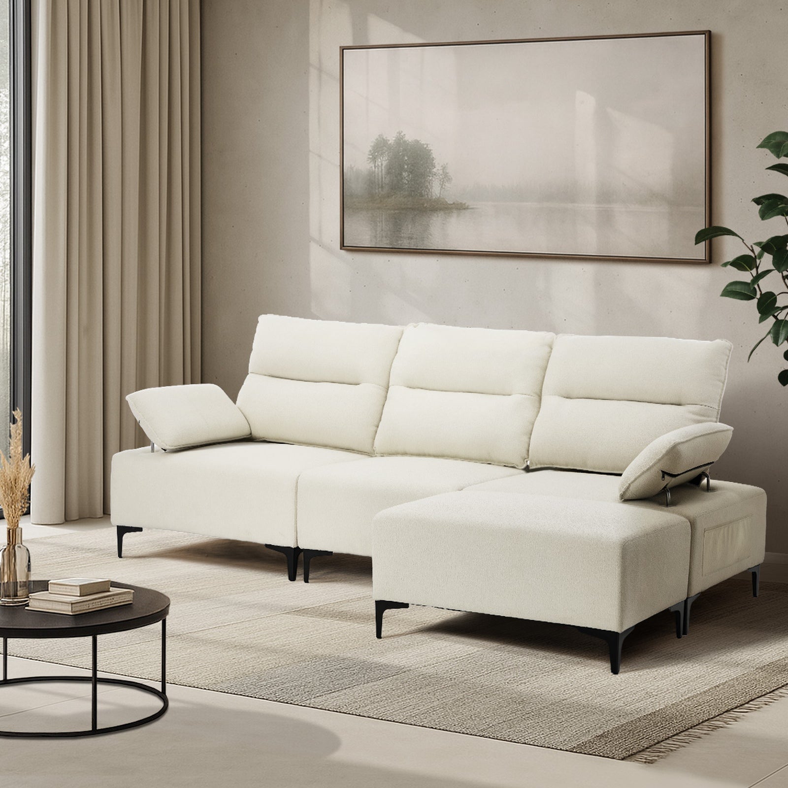 Oikiture 4 Seater Chenille Modular Sofa Couch Adjustable Armrest and Ottoman - Sunyee