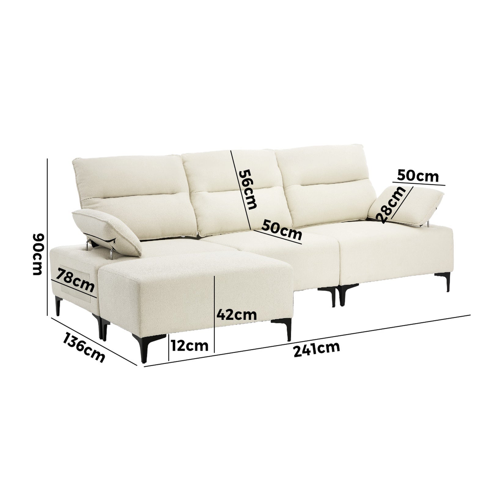 Oikiture 4 Seater Chenille Modular Sofa Couch Adjustable Armrest and Ottoman - Sunyee