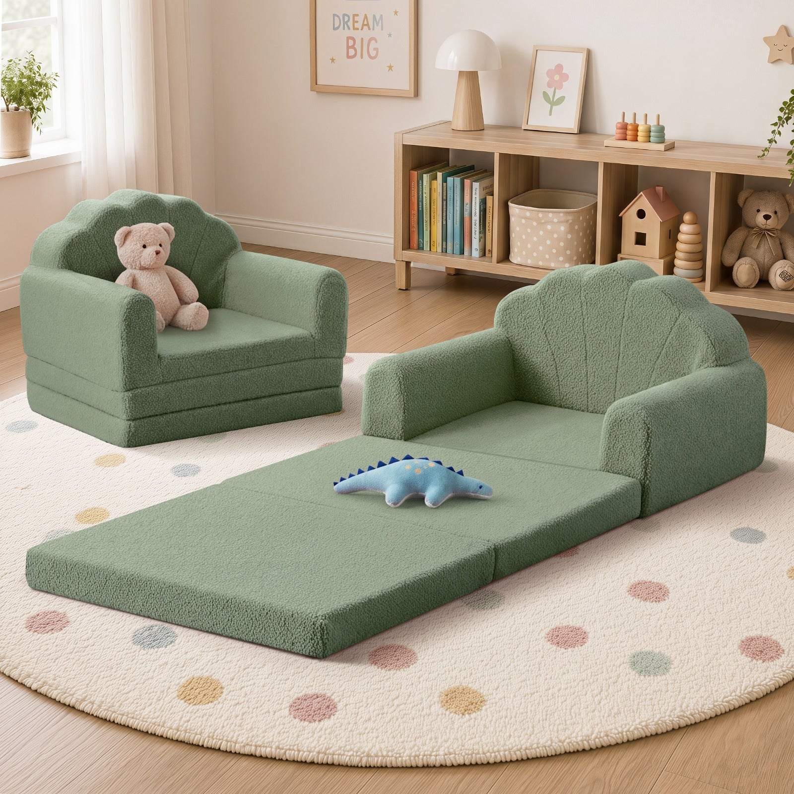 Oikiture 2-in-1 Shell Kids Fold Out Sofa Bed Sherpa Boucle Toddler Couch Green