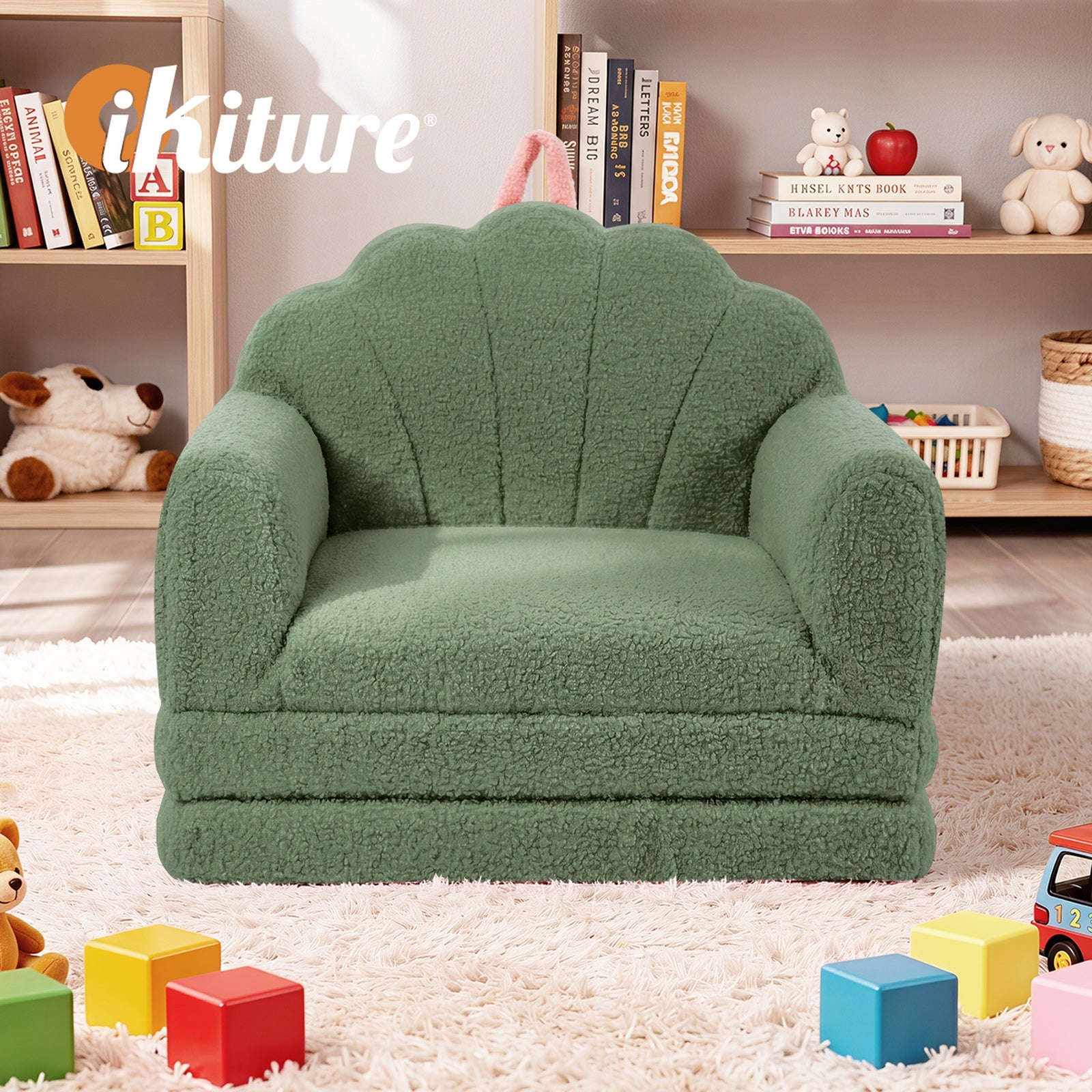 Oikiture 2-in-1 Shell Kids Fold Out Sofa Bed Sherpa Boucle Toddler Couch Green