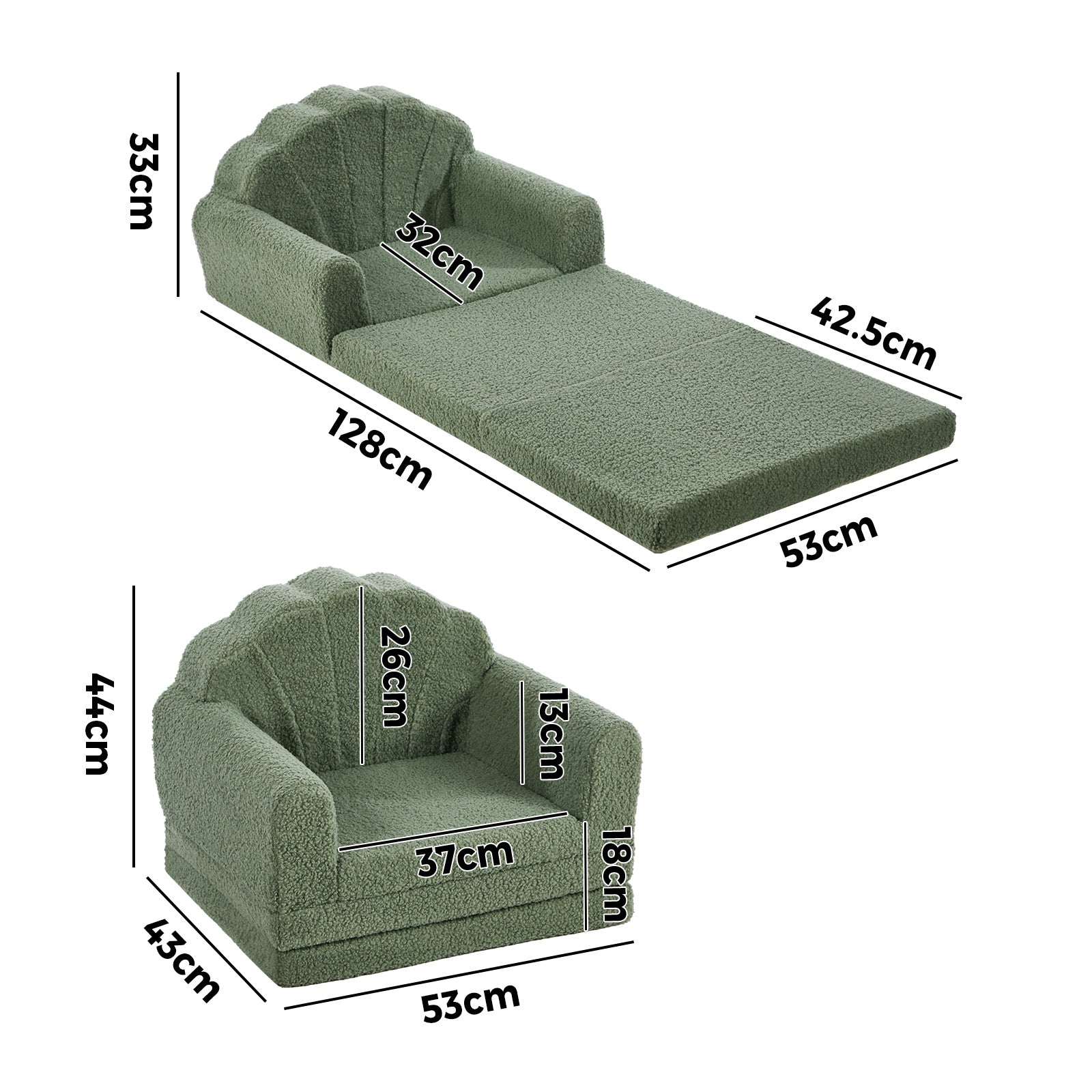 Oikiture 2-in-1 Shell Kids Fold Out Sofa Bed Sherpa Boucle Toddler Couch Green