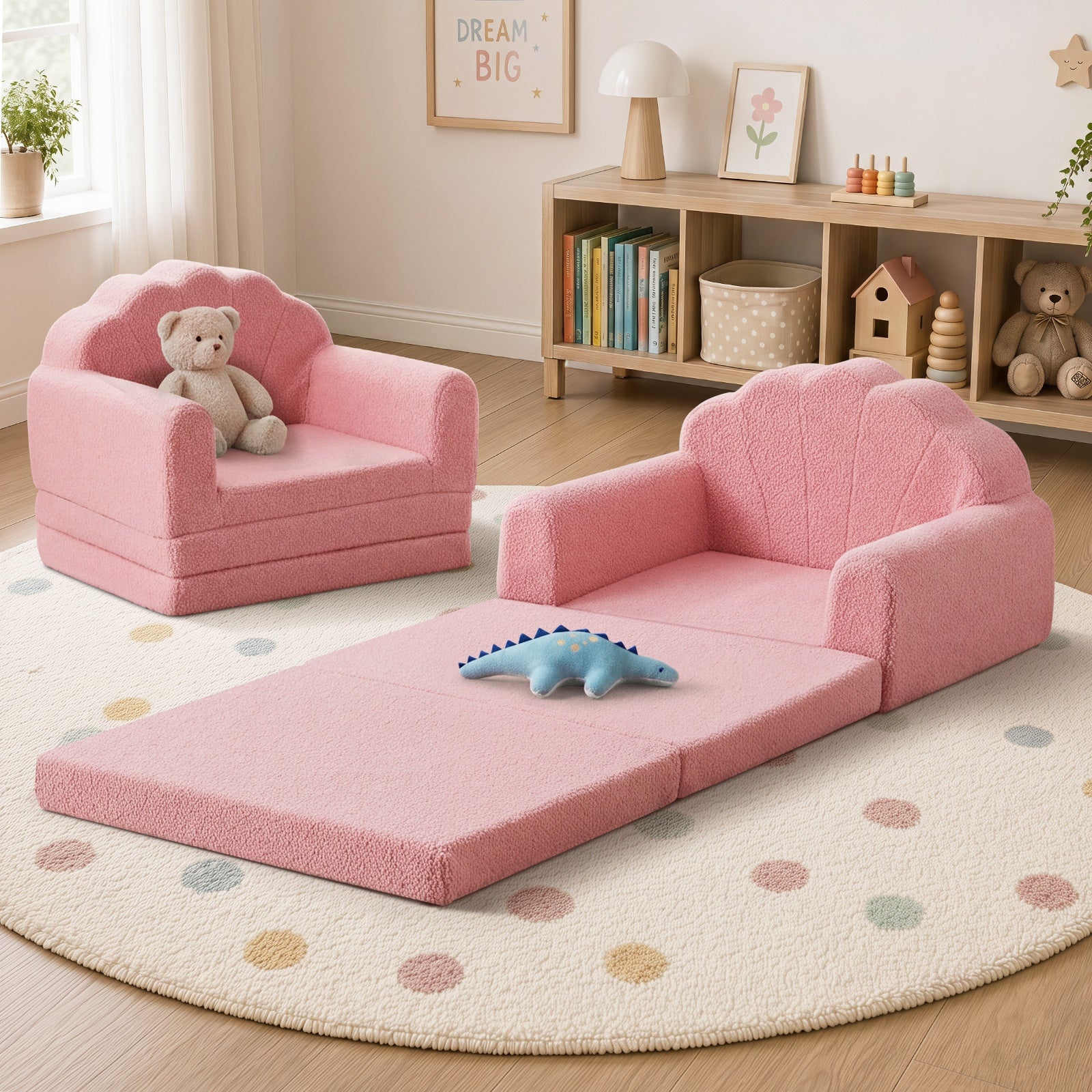 Oikiture 2-in-1 Shell Kids Fold Out Sofa Bed Sherpa Boucle Toddler Couch Pink