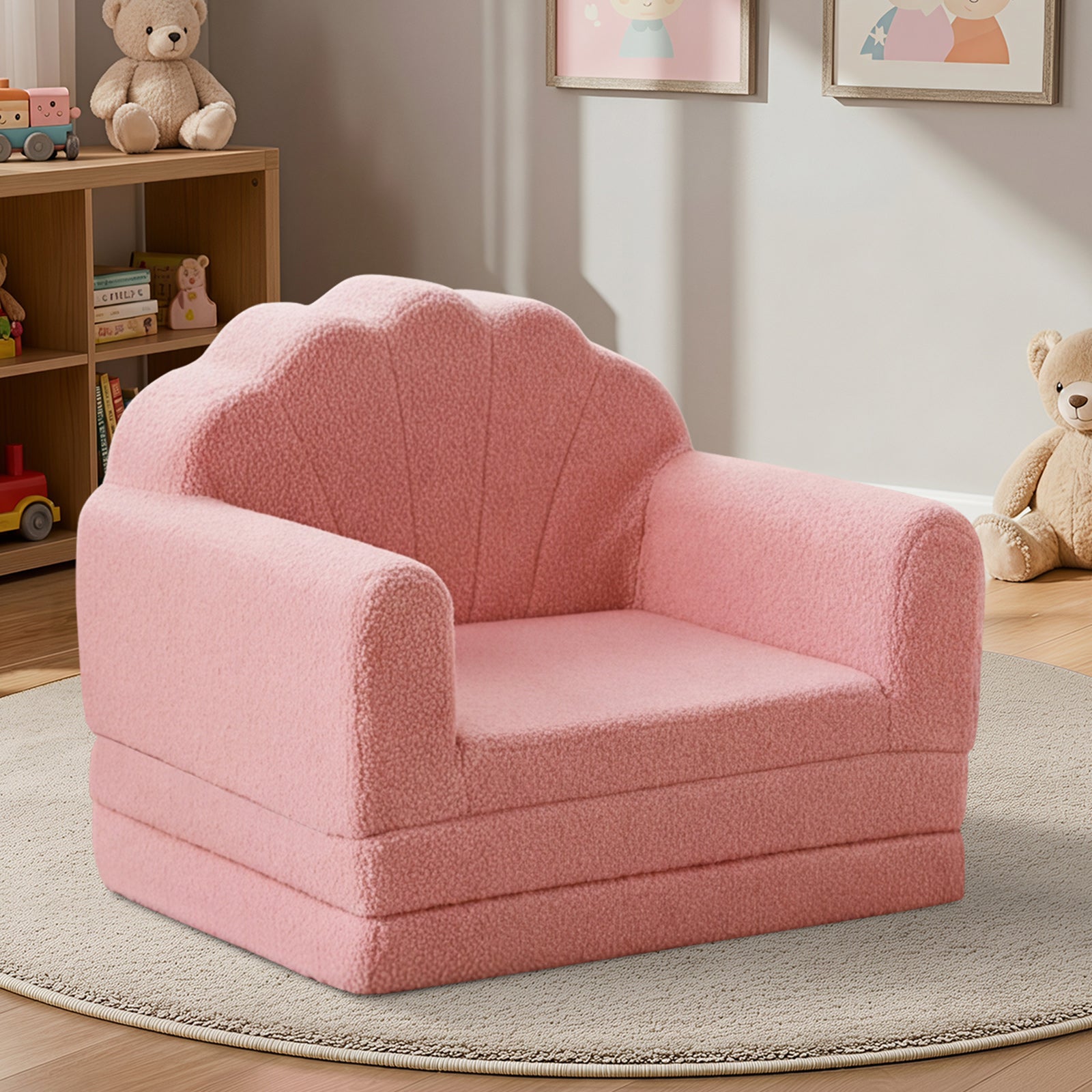 Oikiture 2-in-1 Shell Kids Fold Out Sofa Bed Sherpa Boucle Toddler Couch Pink