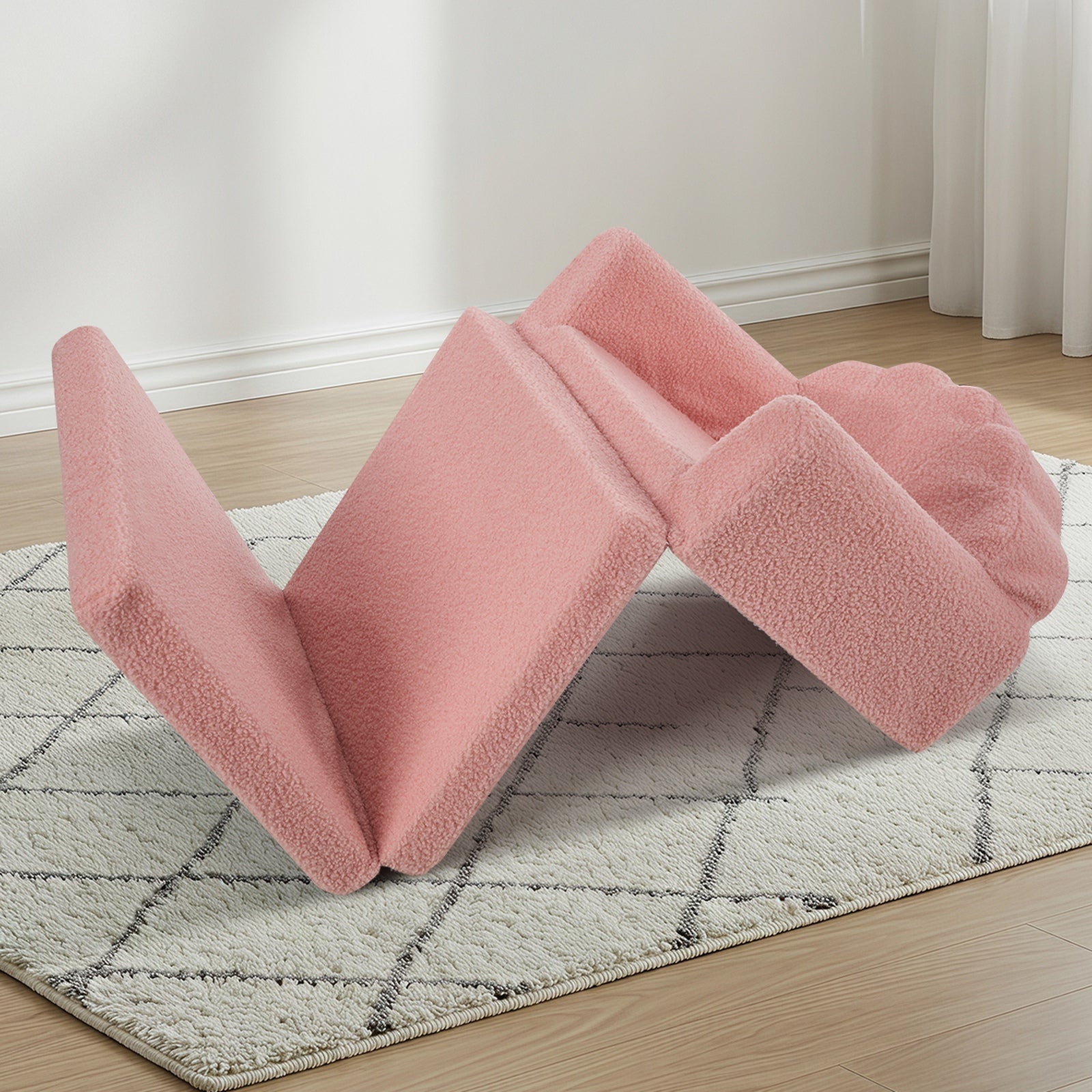 Oikiture 2-in-1 Shell Kids Fold Out Sofa Bed Sherpa Boucle Toddler Couch Pink